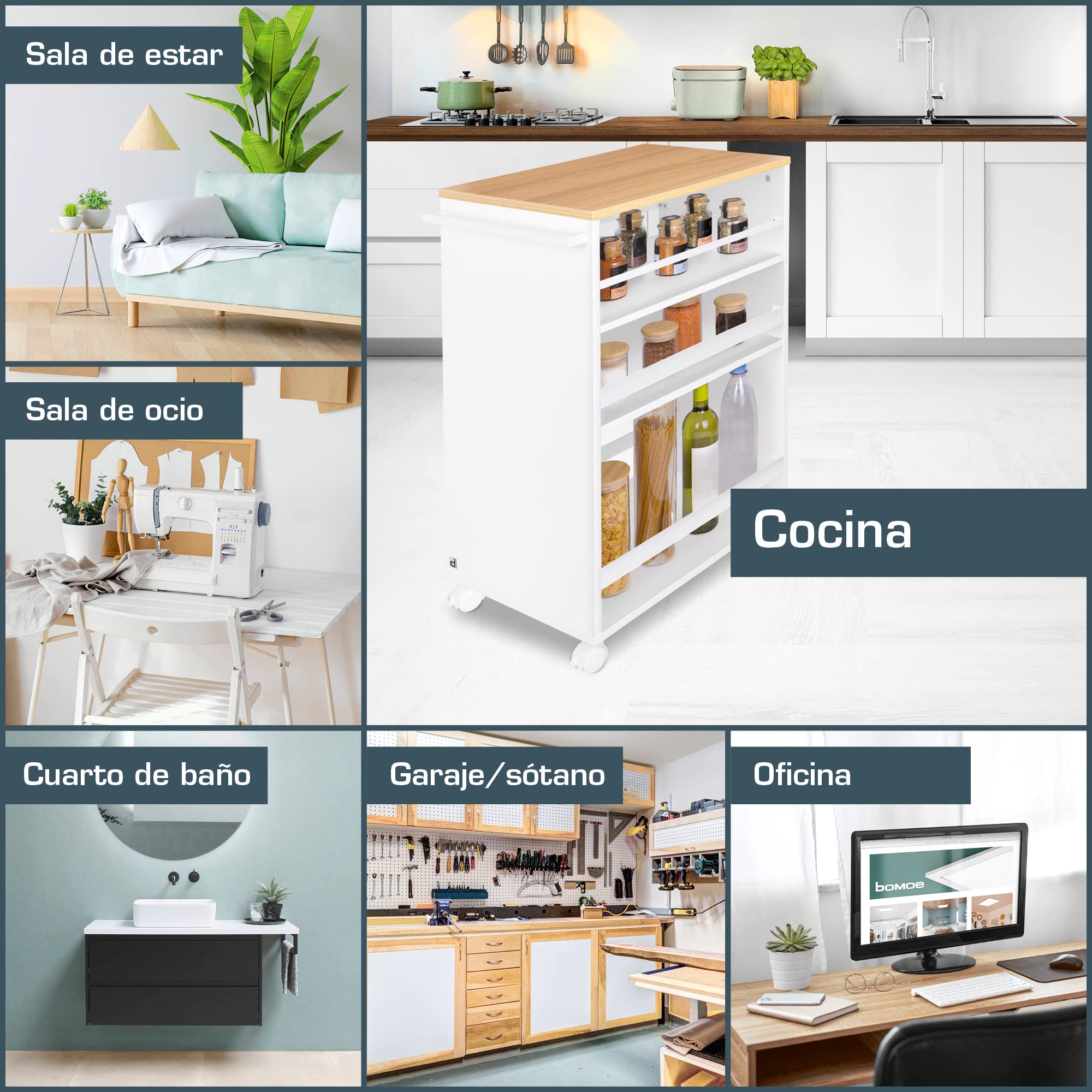 bomoe Carro de Cocina con 4 Ruedas de Servicio 3 Niveles Ajustables Madera | Roble y blanco encimera FSC® de baño de nicho independiente 3 carron carrito mueble auxiliar Bengt