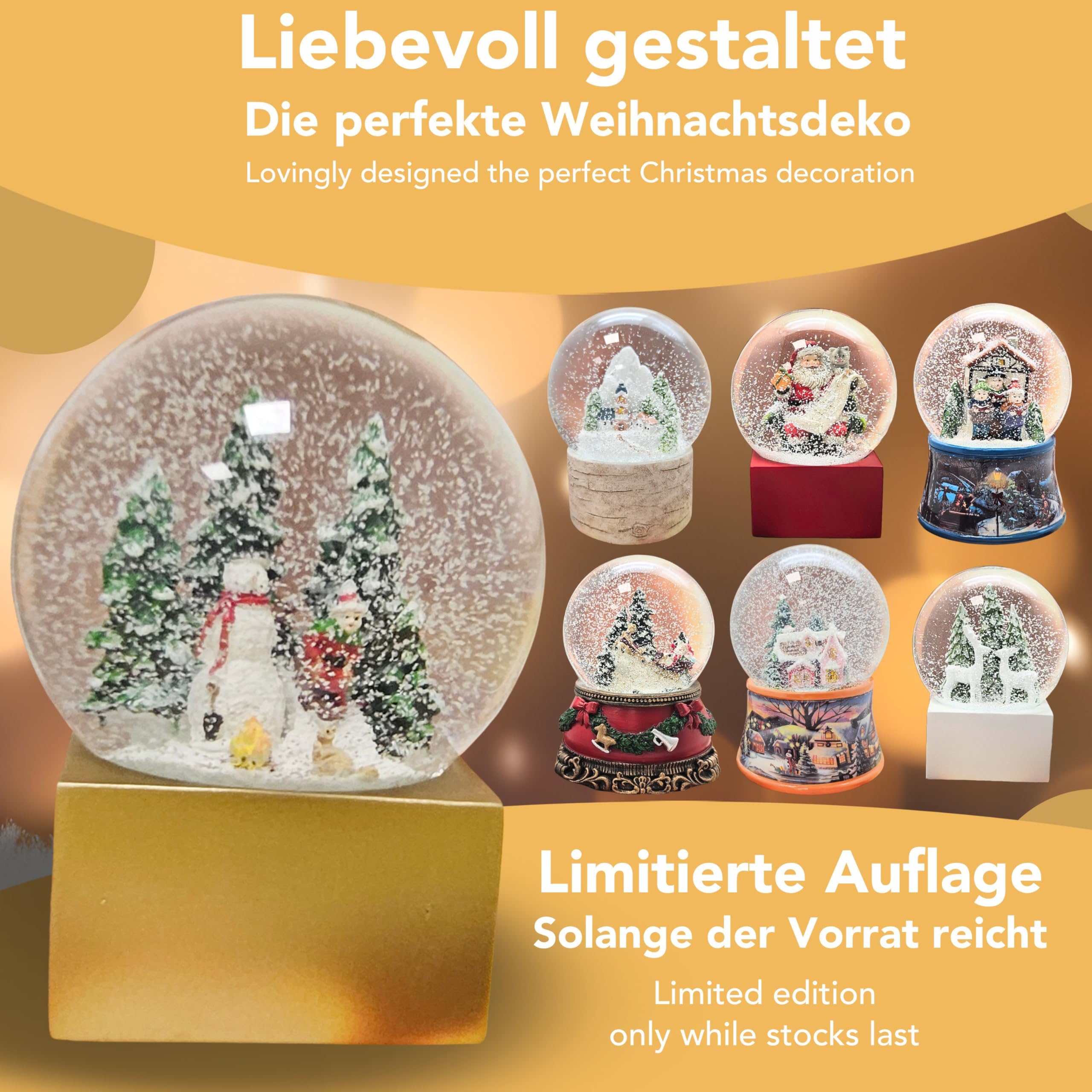 Weihnachts-Schneekugel Winterstimmung | Schneemann Steht mit Kind auf Schlitten | Sockel Farbe Gold | 100mm breit, 120mm hoch | Bezaubernde Schüttelkugel | Weihnachtsdekoration | 20238
