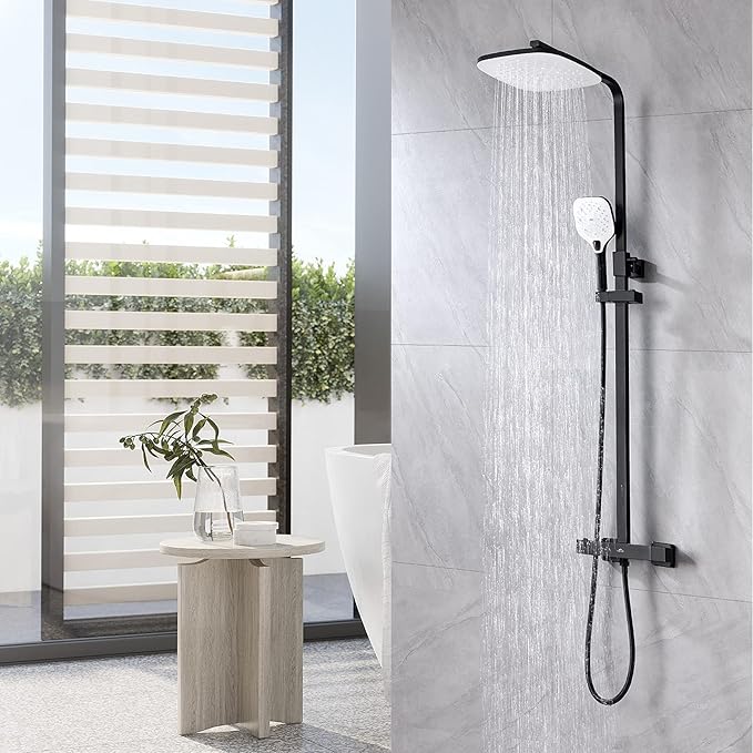 Auralum Columna de ducha Negra Termostática 38°C, Set de ducha con grifo, Sistema de ducha con 25 * 20 CM Alcachofa Ducha Lluvia y 3 Funciones Ducha ...