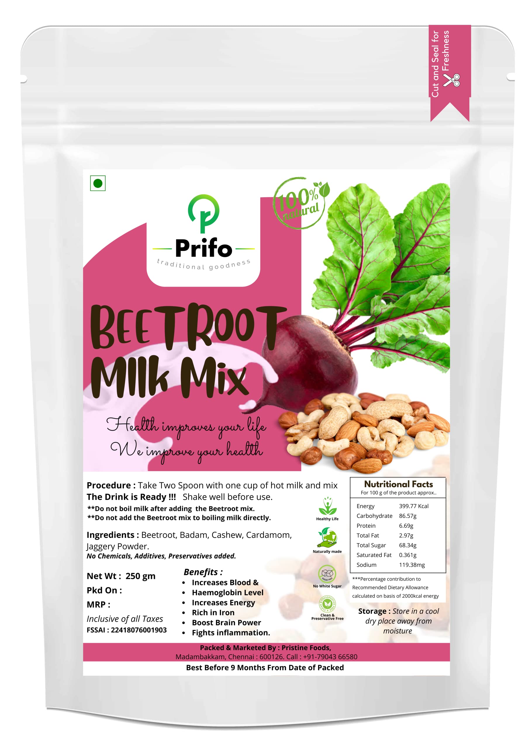 Prifo Beetroot Milk Mix - Added delicious with Rich Dry Fruits Almonds and Cashews | Hot & Cold mix | Plant based high Fibre iron rich healthy protein drink | For Haemoglobin | Post Workout Stamina Boost | Superfood | Free from Chemicals, White Sugar (B09V1QFPWJ) Amazon Price History, Amazon Price Tracker