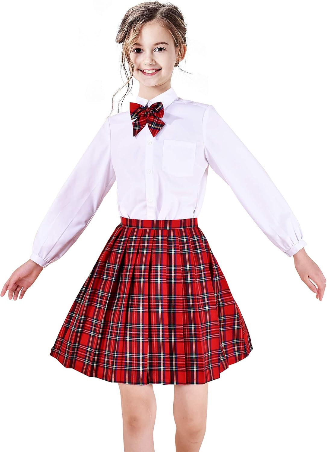 Sunny Fashion 3 Pieces School Uniform Girls White Shirt Skirt Collar Bow Tie
