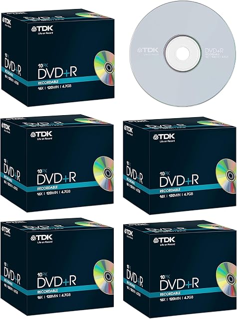 TDK DVD+R 4.7GB 16x Speed 120min Blank Discs - Jewel Cased - Pack of 50