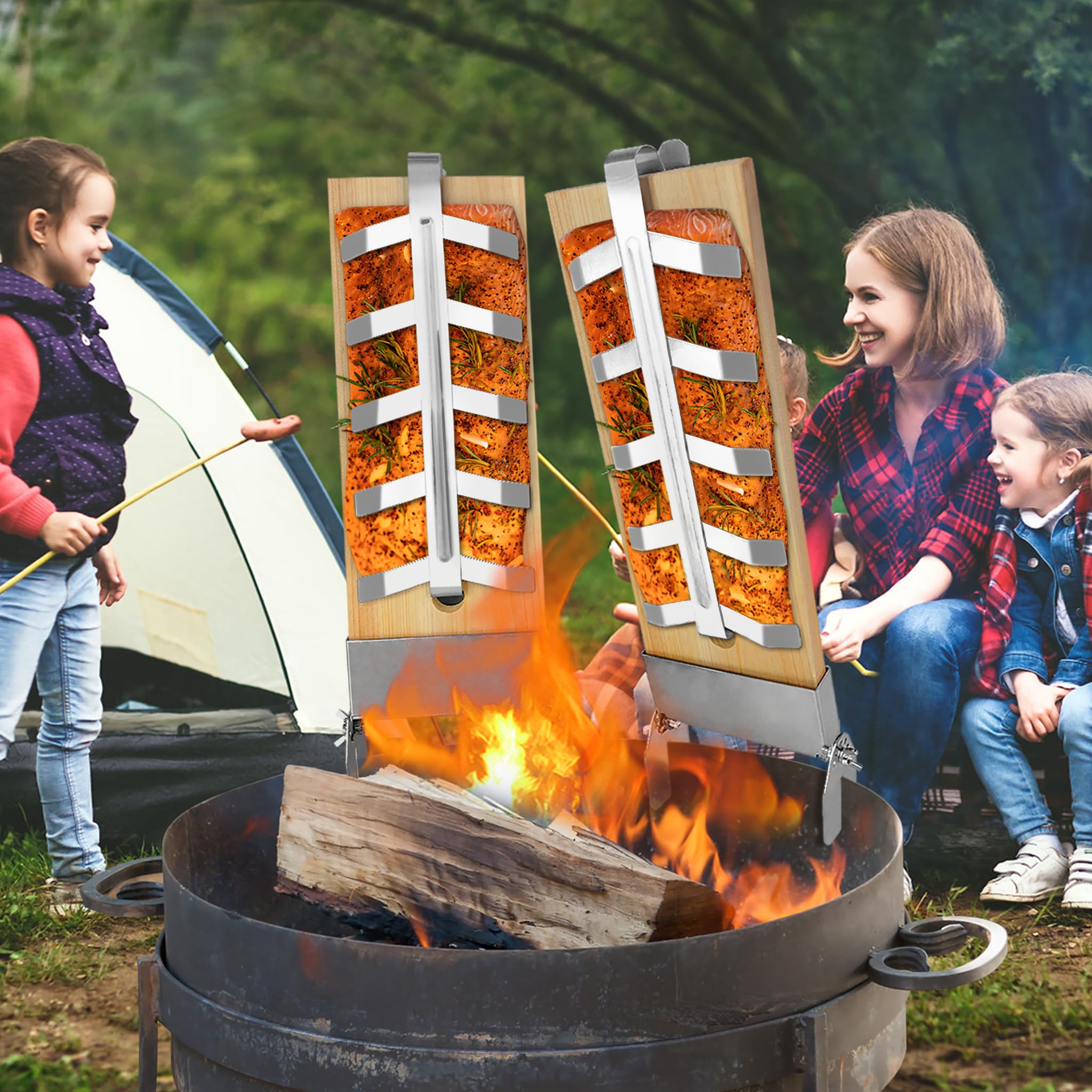 UISEBRT Tablas de salmón flameado con soporte de acero inoxidable, accesorios para barbacoa, soporte para pescado para barbacoa redonda y brasero (juego de 4)