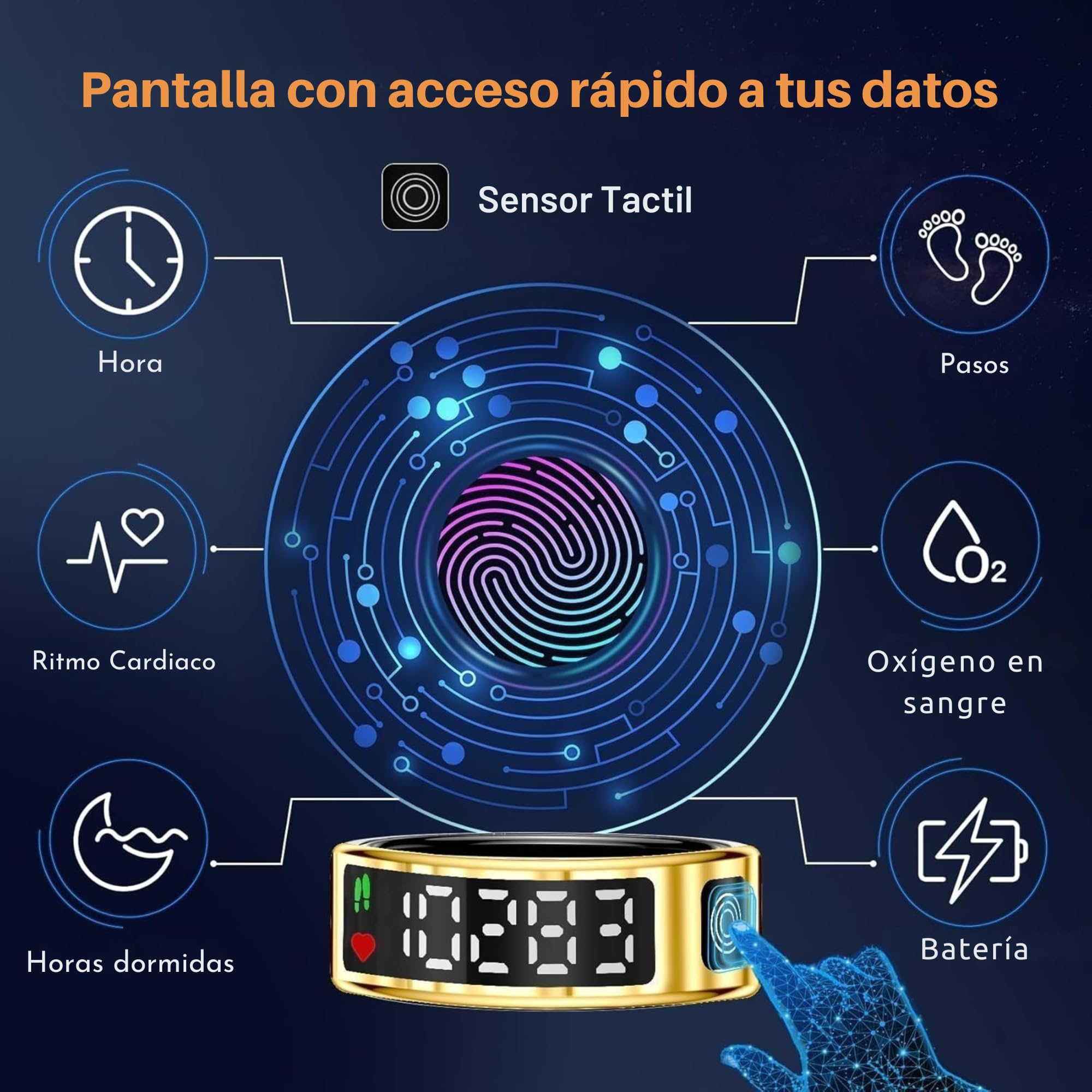 smartia - Anillo Inteligente con Pantalla Tactil, Smart Ring para Hombre y Mujer, Anillo Inteligente con Actividad Fitness y Control de Salud, Monitoriza tu Sueño, Incluye Puerto DE Carga (Oro, 9)