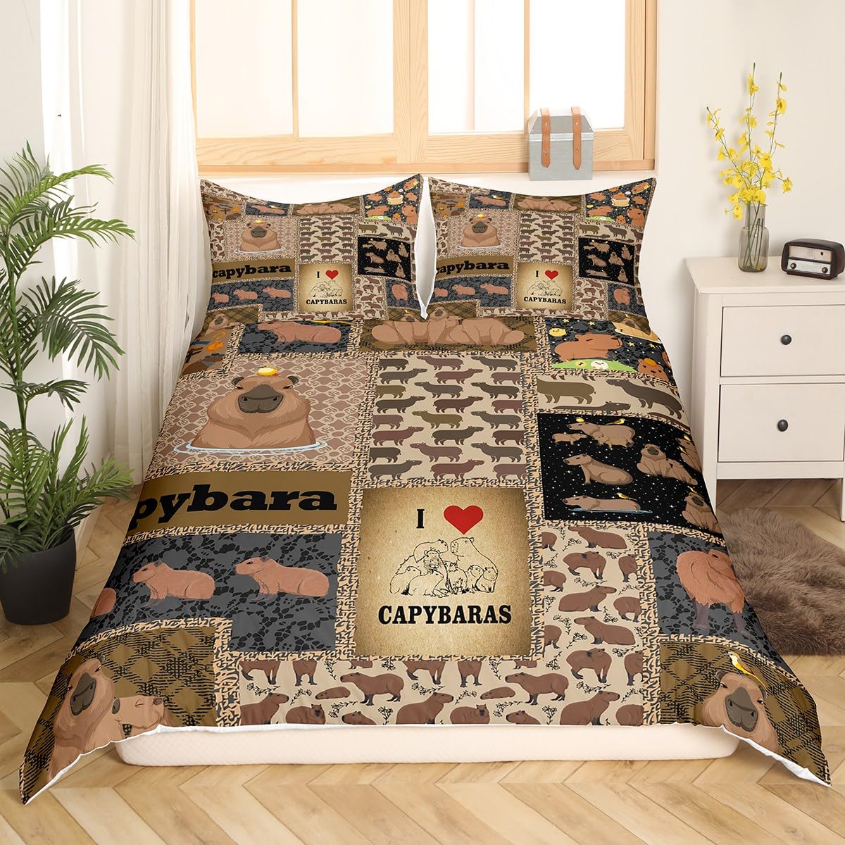 Loussiesd Brown Capybara Duvet Cover Cute Capybara Bedding Set for Kids Cartoon Capybara Comforter Cover Funny Cute Capybara Bedspread Cover Breathable Bedding Collection 3Pcs King - Image 3