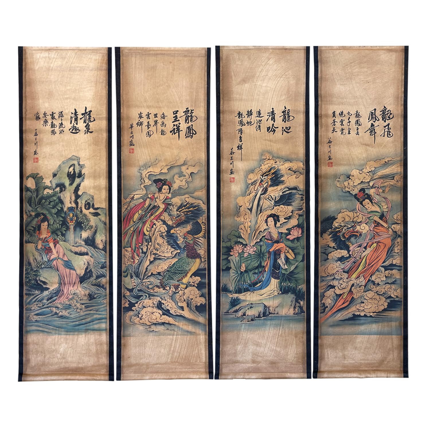 CIFIBIFUN Dragon Geisha Beauty Japan Style Ancient Replica Wall Poster Painting, Wooden Hanging Scroll, for Walls Print Decor (14"x49"x4PCS)