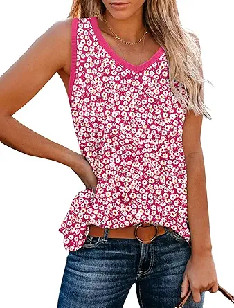KISSMODA Womens Flora Print Tank Tops Ribbed Summer Shirt Sleeveless Summer Casual Women Blouses(S-3XL)