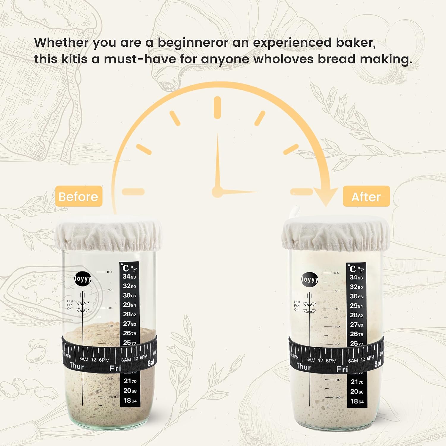 Joyyy Sourdough Starter Jar Kit for Beginner and Pro, 2 Pack Premium 34oz Sour dough Glass Jar with Wide Mouth, Sourdough Bread Baking Supplies