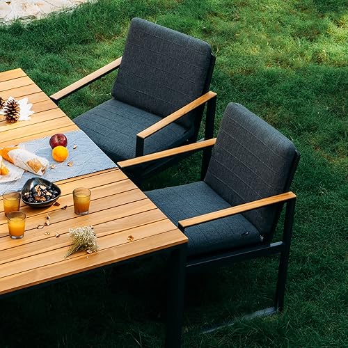 Miniatura 2 de Juego de 6 sillas de comedor para exteriores, con cojines de asiento, sillas de aluminio para muebles de exterior con reposabrazos de teca para