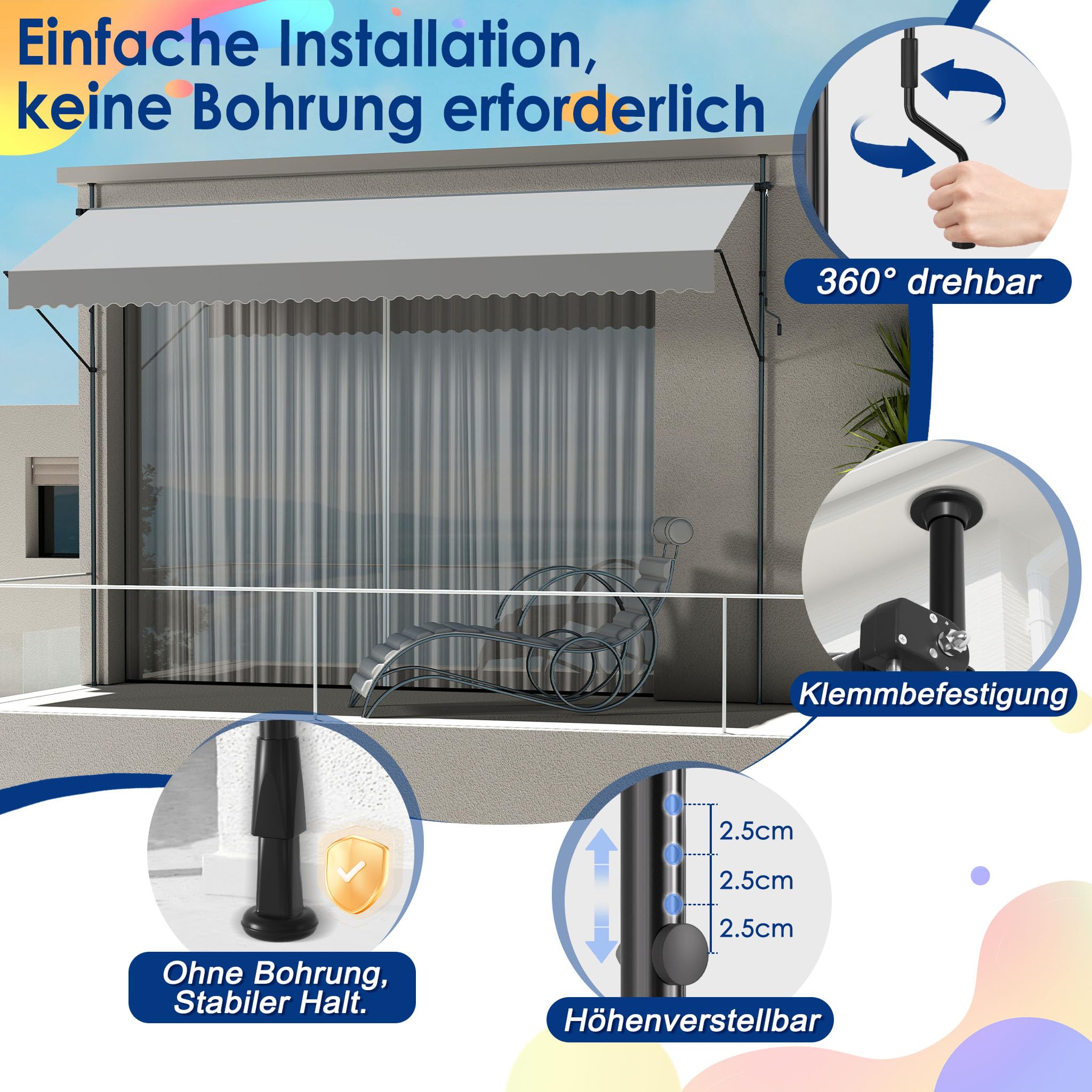 Klemmmarkise, Markise Sonnenschutz Balkon Ohne Bohren, Balkonmarkise Höhenverstellbar UV-beständig, Wasserabweisend mit Handkurbel (300cm Breit, Hellgrau)