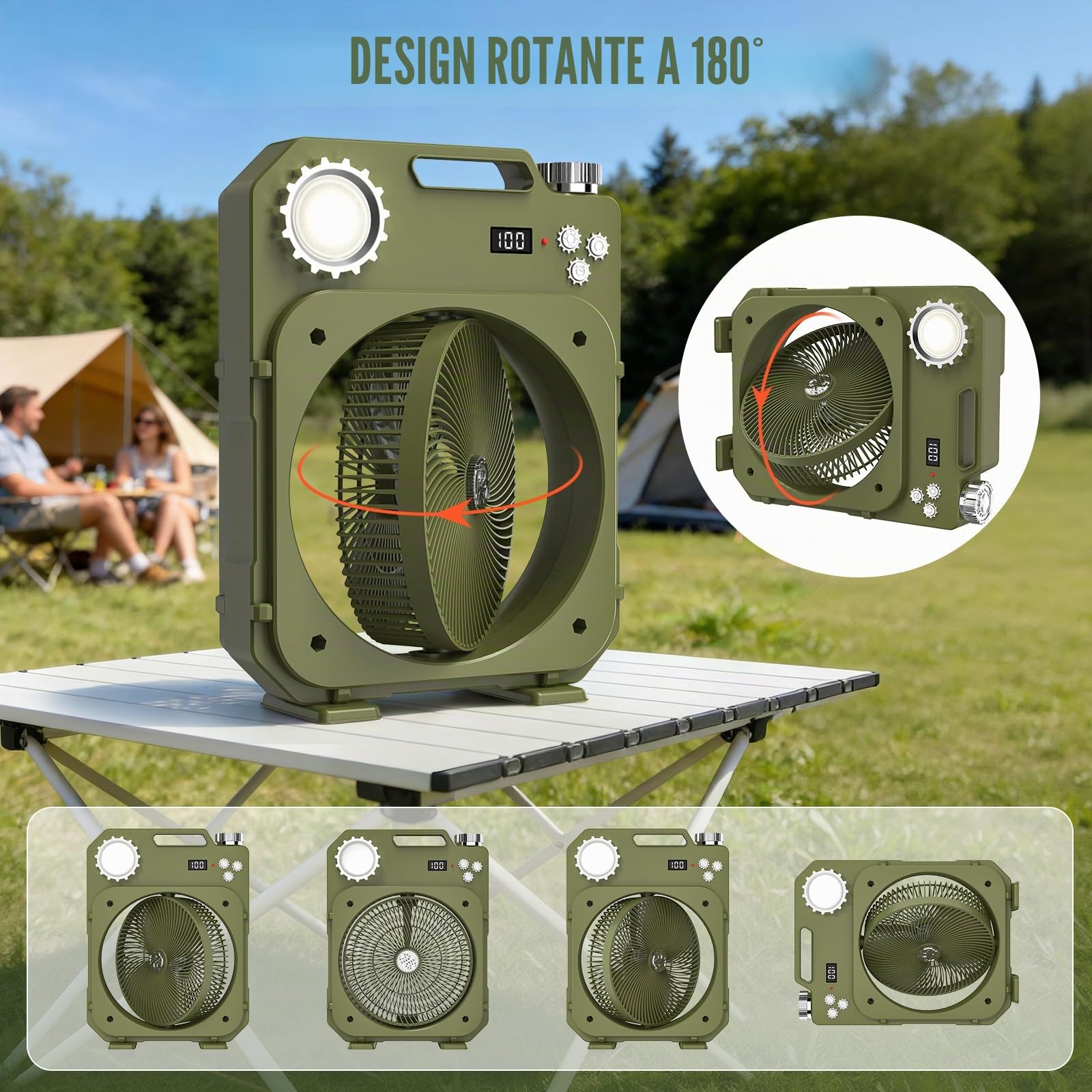 Ventilatore Campeggio con 4 Modalità di Illuminazione | Grande Batteria, Oscillazione Automatica, 100Velocità, Telecomando, Timer da 12 ore, Display Intelligente, Tenda, Viaggio