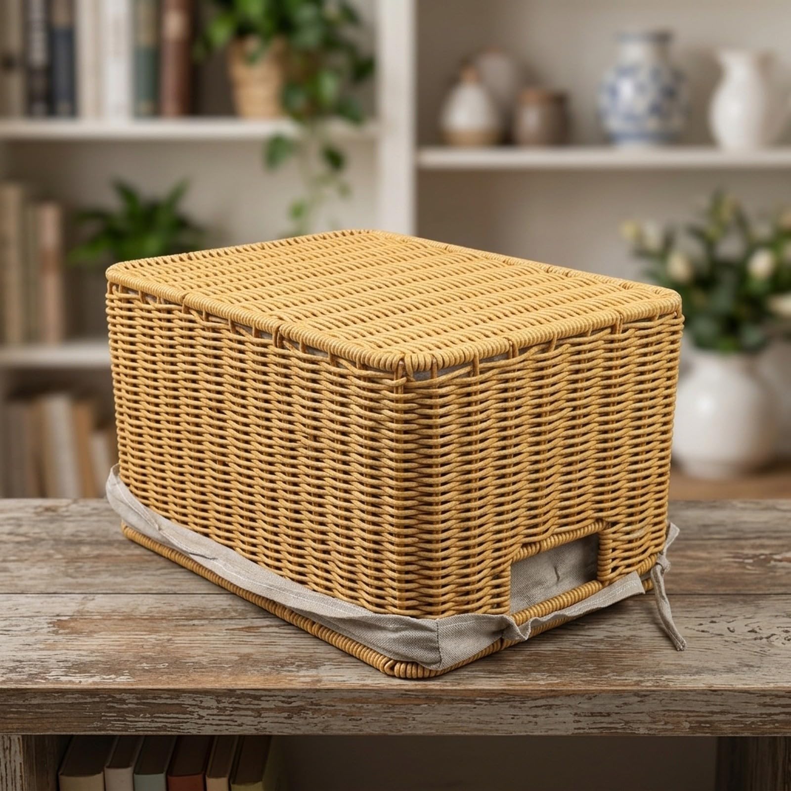 Cesta De para almacenamiento De Mimbre Sintético Hecha A Mano Con Tapa