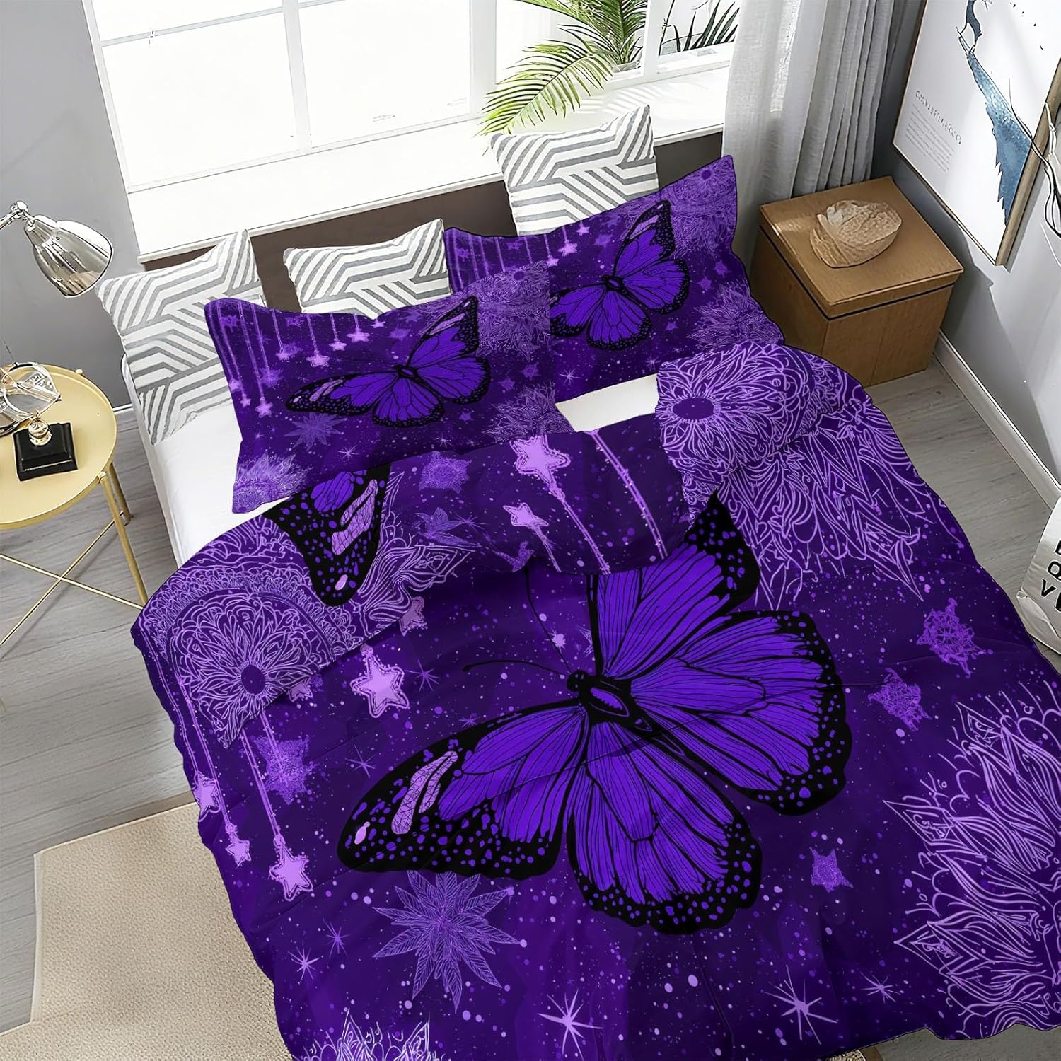 Duvet Cover for Kids Fantasy Butterflies Mandalas Flowers Quilt Cover Sets Reversible Soft Bedspread Cover Room Decor, Purple Bedding Set 3Pcs Zipper Closure Boys Girls Teens (Full Size 80"x90")