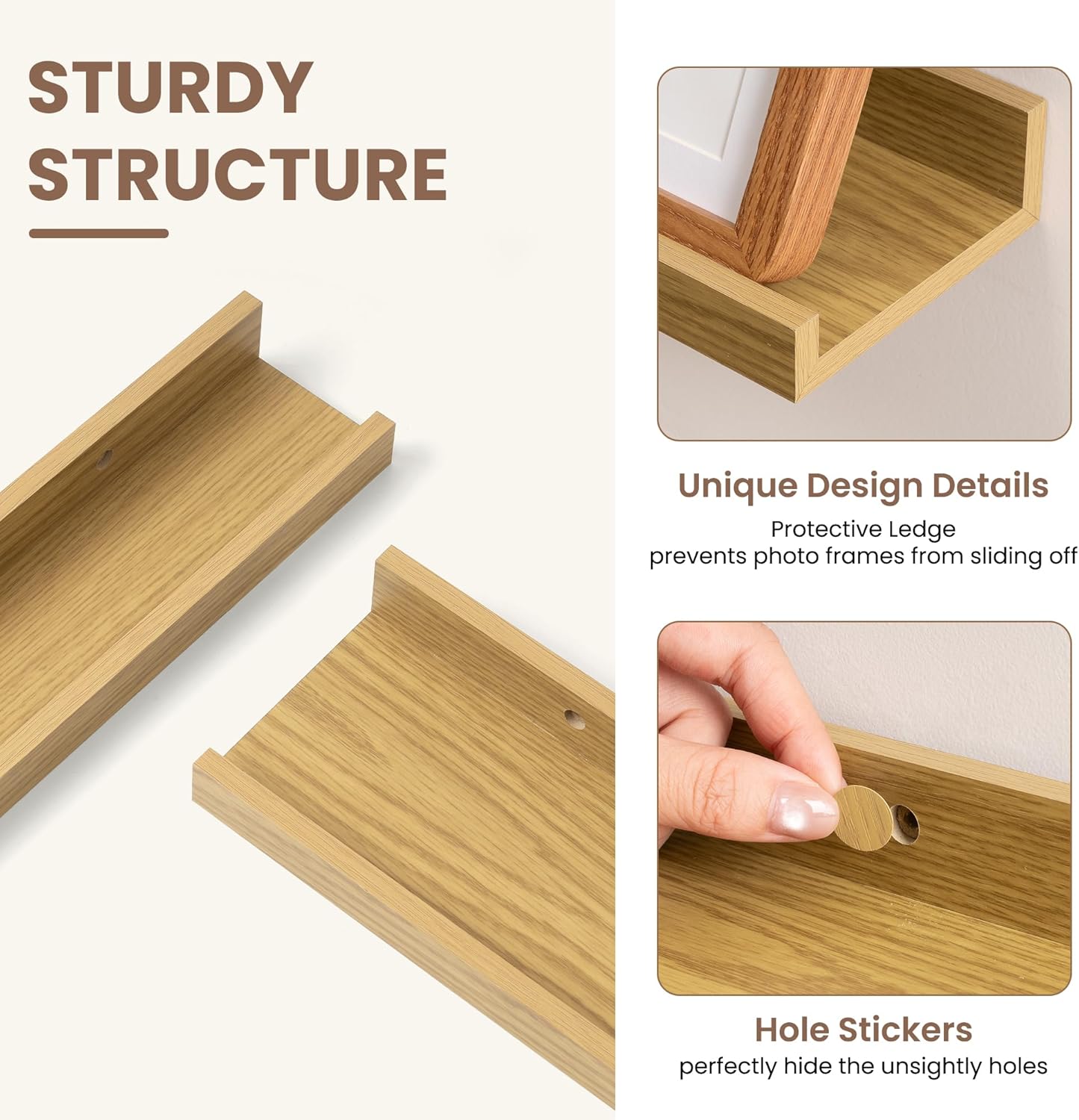 Fun Memories Picture Ledge Shelf, Floating Shelves Set of 4, 32 Inch Picture Shelves for Wall with Ledge, Large Nursery Book Shelf for Toys Storage, Living Room, Bedroom Decor Frames, Oak