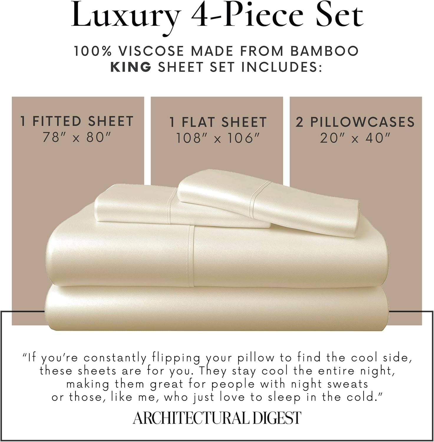 Bamboo Bay 6 Piece King Size Sheet Set, 100% Viscose Made from Bamboo, Breathable, Ultra Soft Cooling Bed Sheets for Hot Sleepers, Beddings with Deep Pockets Fit 16" Mattress, Ivory - Image 5