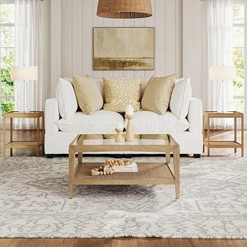 Nathan James Hayes Glass Coffee Table and Side Table Set with Rattan Bottom Shelf, Bohemian 3-Piece Living Room Set