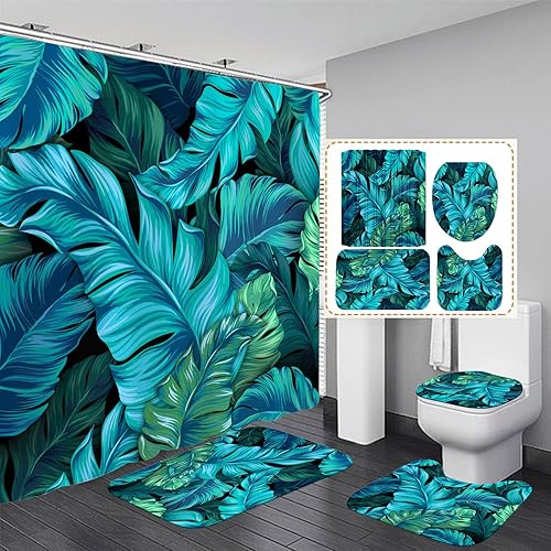 Miniatura 1 de XSWPL Juego de cortinas de ducha verdes para baño, juego de cortinas de ducha tropical con alfombras antideslizantes, cubierta para tapa de inodoro