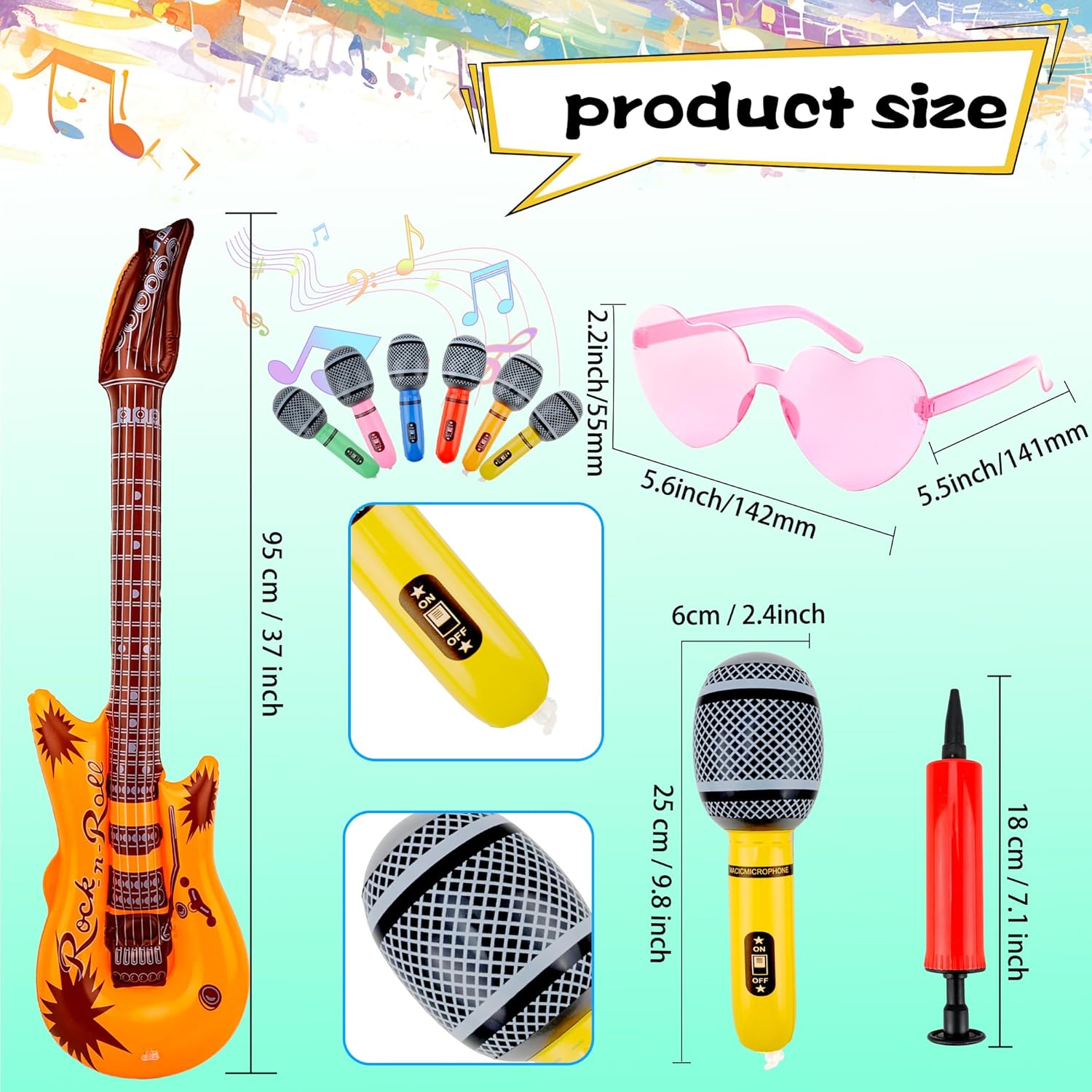 56 Pcs Inflatable Rock Star Toy Set include 18 Blow up Microphones 18 Inflatable Guitars 18 Colorful Heart Shaped Sunglasses and 2 Air Pump for 80s 90s Musical Party Favors