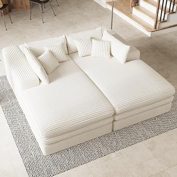 Belffin Double Chaise Lounge Sofa Bed Plush Corduroy Boneless Sectional Cloud Couches for Living Room Boneless Cloud Couch with Deep Seat No Assembly Required. Beige Sofa