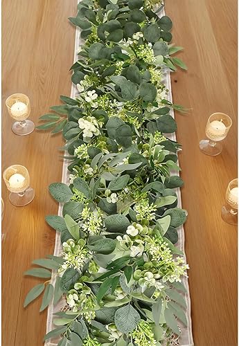 IWNTWY 6Ft Eucalyptus Garland with Flowers, Upgrade Bushy Artificial lvy Greenery Vines with White Roses Gypsophila Willow Leaves for Home Wedding
