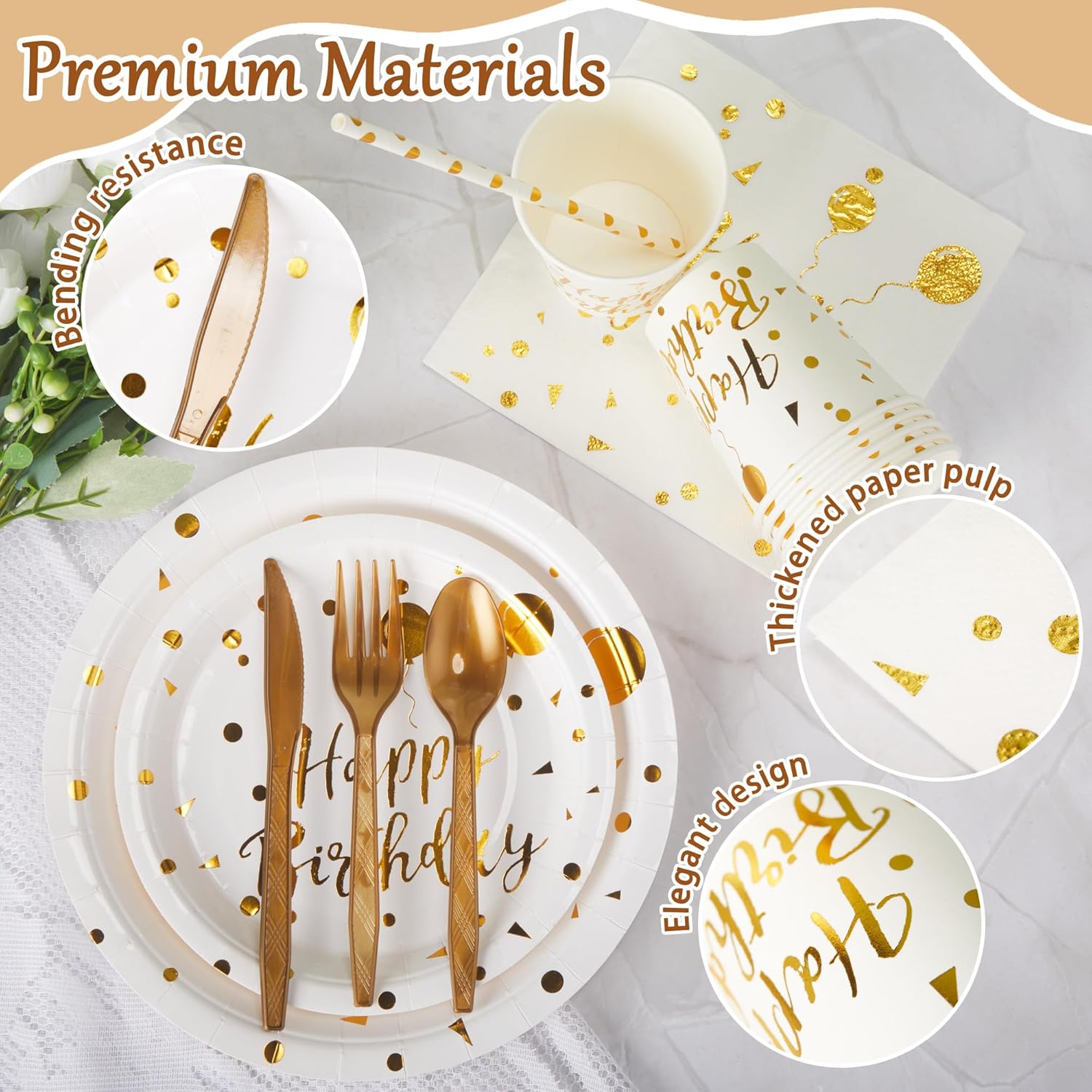 400 Pcs Happy Birthday Plates and Napkins Party Supplies White and Gold Birthday Decorations, Disposable Paper Plates Napkins Cups Straws Forks Spoons for Party Decor Serves 50 Guests