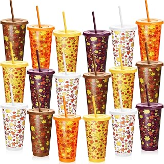 Fall Reusable Coffee Cups with Lids and Straws 24oz Maple Leaves Autumn Plastic Tumblers Mugs Bulk Thanksgiving Party Drinking Water Cups for Cold Drinks Fall Party Favors(20 Pcs)