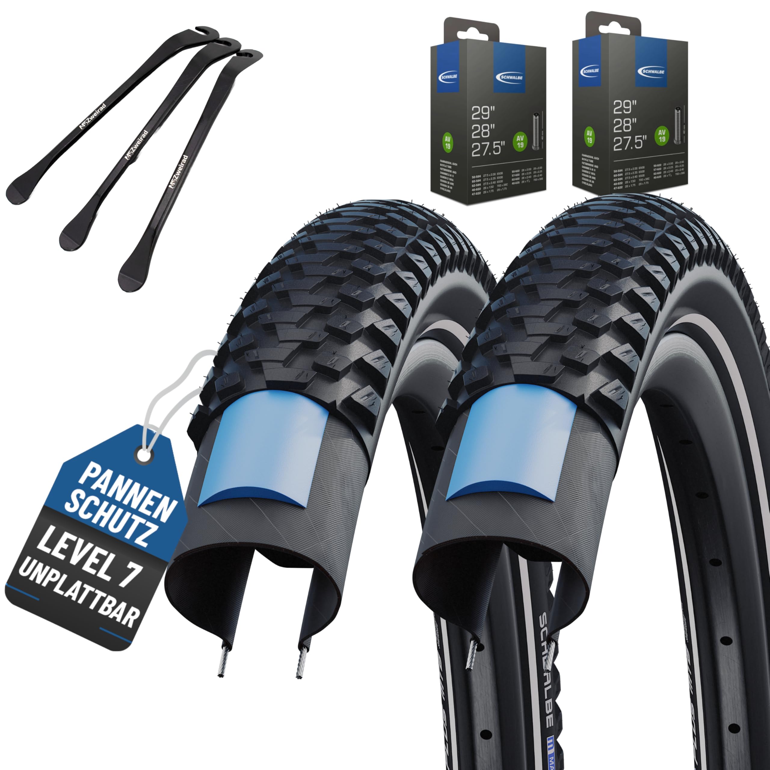 2er Set Schwalbe Fahrradreifen Marathon Plus MTB 29 oder 27,5 Zoll (ETRTO 54-584,57-584,57-622) wählbar mit AV DV SV SCV Schlauch + 3 Metall Reifenheber