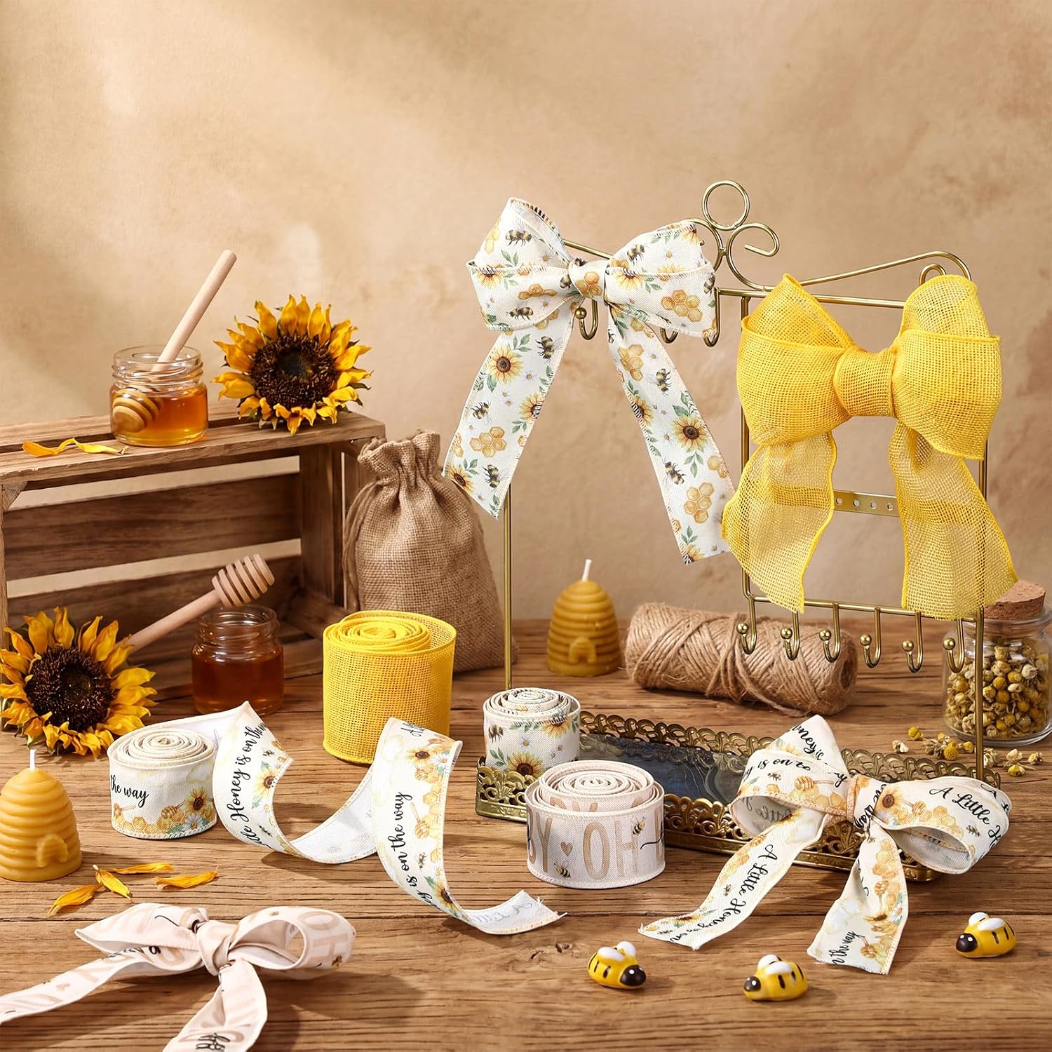 Waydress A Little Honey 4 Rolls Theme Ribbon 2.5 Inch Wired Baby Shower Ribbon for Diaper Cake Wreaths Bows Gift Wrapping DIY Crafts Girl Baby Shower Decoration