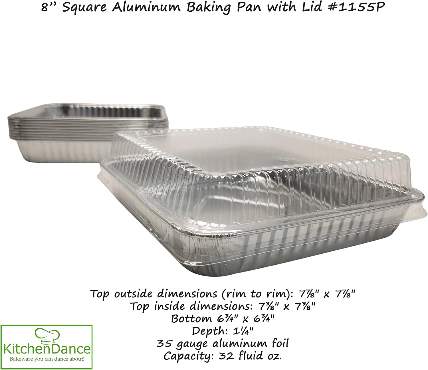 KitchenDance Disposable Aluminum Square Cake Pan with Clear Plastic Lid - 7-7/8" x 7-7/8" Cake Baking Pan for Brownies, Casseroles - Aluminum Foil Pans for Baking, Preparing Food, 1155P, 500 Count