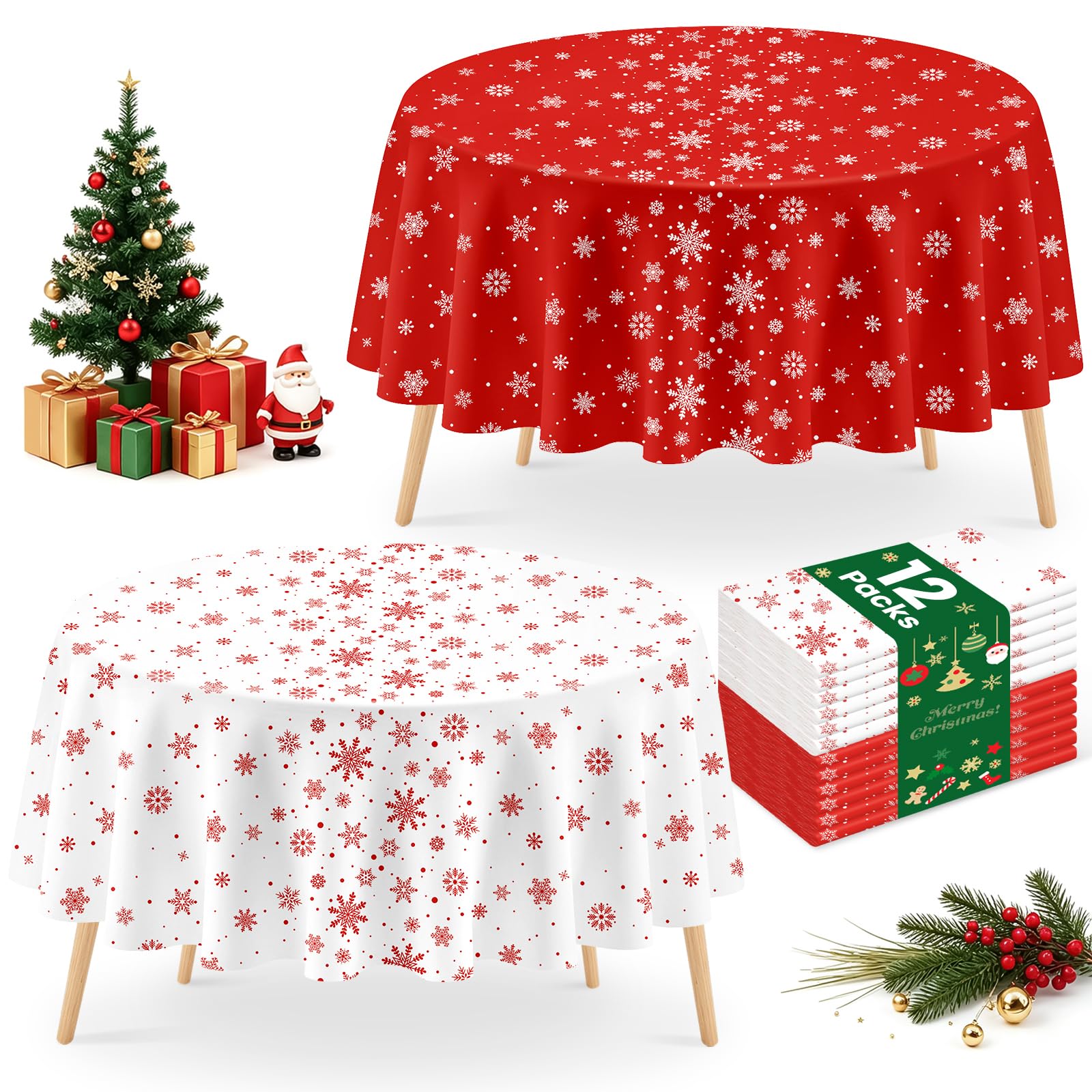 Mulbozy 12 Pcs Christmas Tablecloth Red and White Snowflake Winter Round