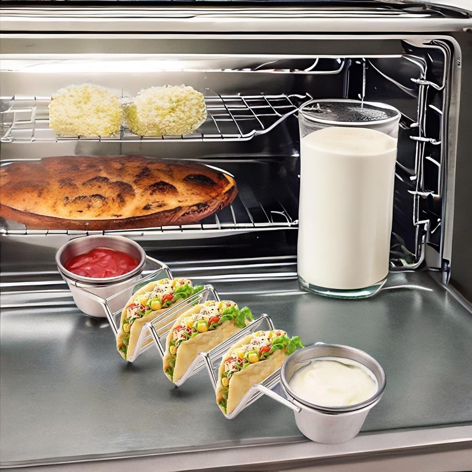Cyrank Taco Holder, Stainless Steel Taco Stand Taco Shell Tray Holder Taco Rack Taco Baking Tray with 2 Sauce Cups for Taco Bar(02)