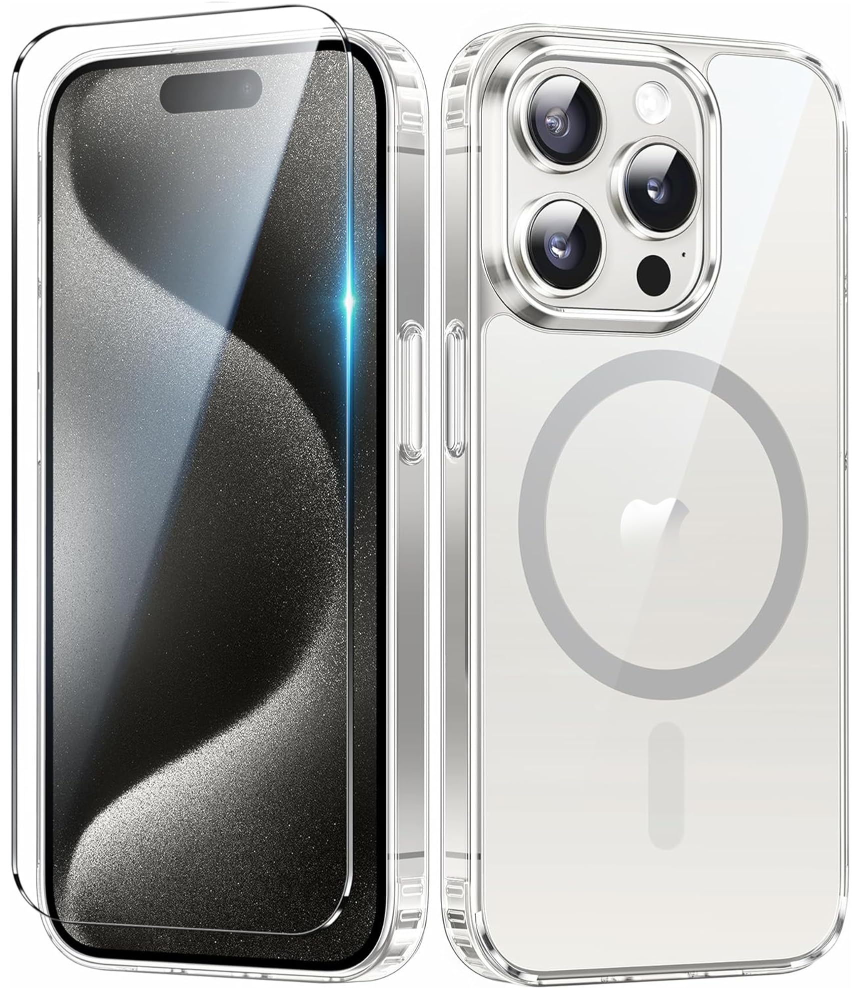 FNTCASE for iPhone 15 Pro Case: Strong Magnetic Clear Case - Anti Yellowing & Shockproof Military-Grade Drop Protective Transparent Phone Cover (Beige)