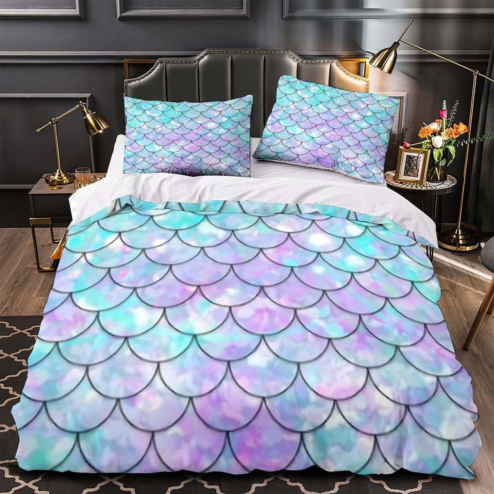 Parure Housse de Couette Écailles de Sirène Microfibre Résistante