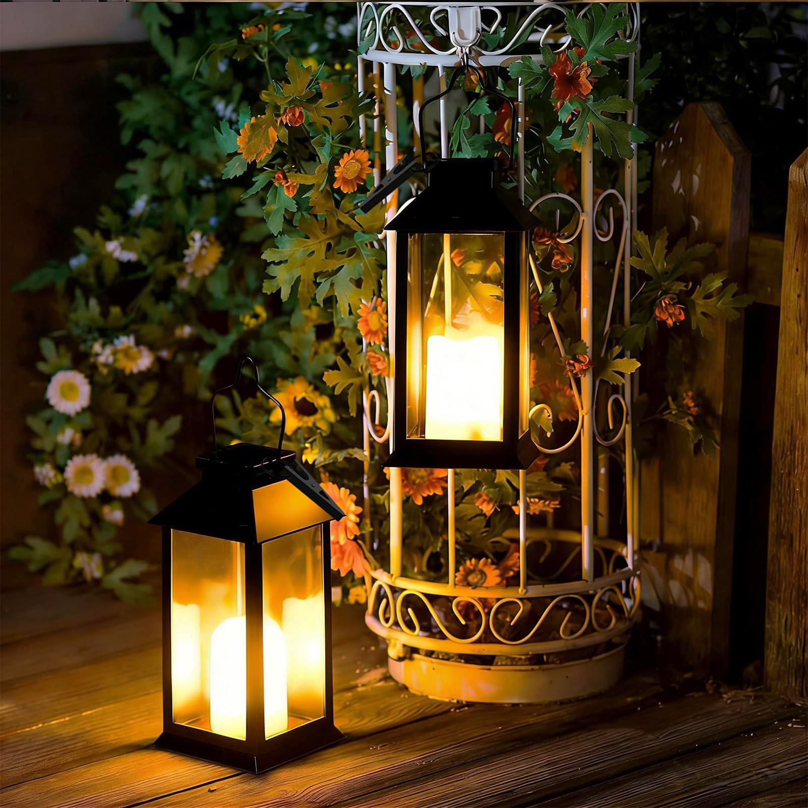 Lanterne da Esterno, 2 Pezzi Lanterna Solare da Esterno con Candele Tremolante, IP44 Impermeabile Appendere Lampade Solari per Giardino Terrazzo Tavolo Gazebo Balcone Decorazioni - Nero