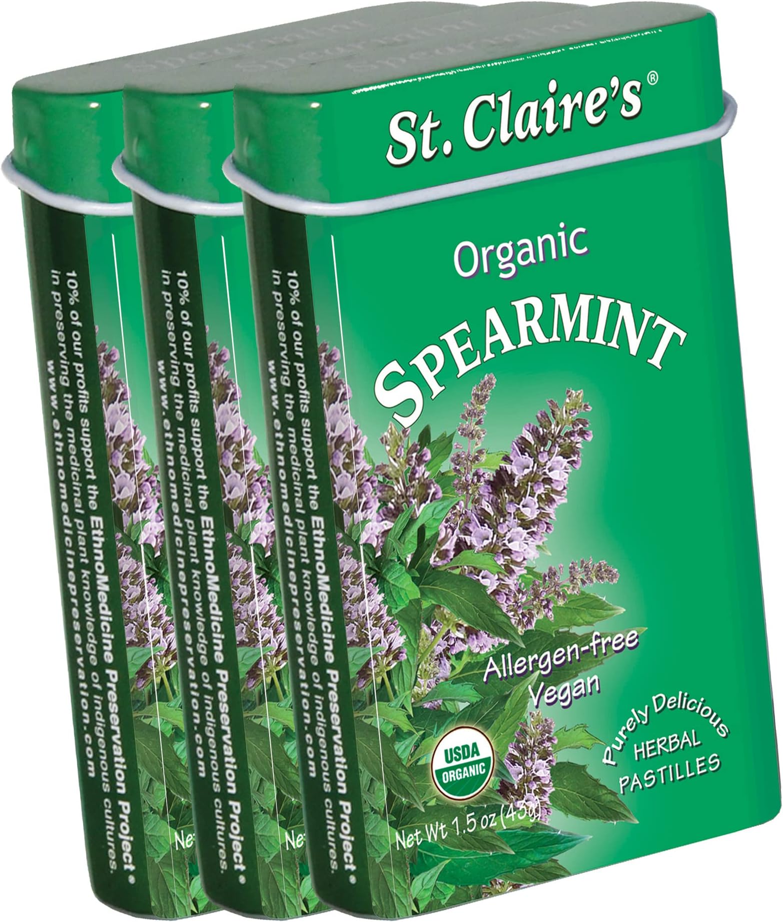 St. Claire's Organic Breath Mints, (Spearmint, 1.5 Ounce Tin, Bundle of 3) | Gluten-Free, Vegan, GMO-Free, Plant-based, Allergen-Free | Made in our Allergen-Free facility