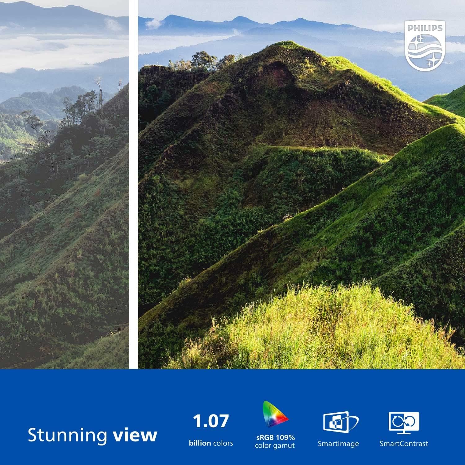 Philips 278E1A monitor displaying a vibrant mountain landscape, showcasing its color capabilities
