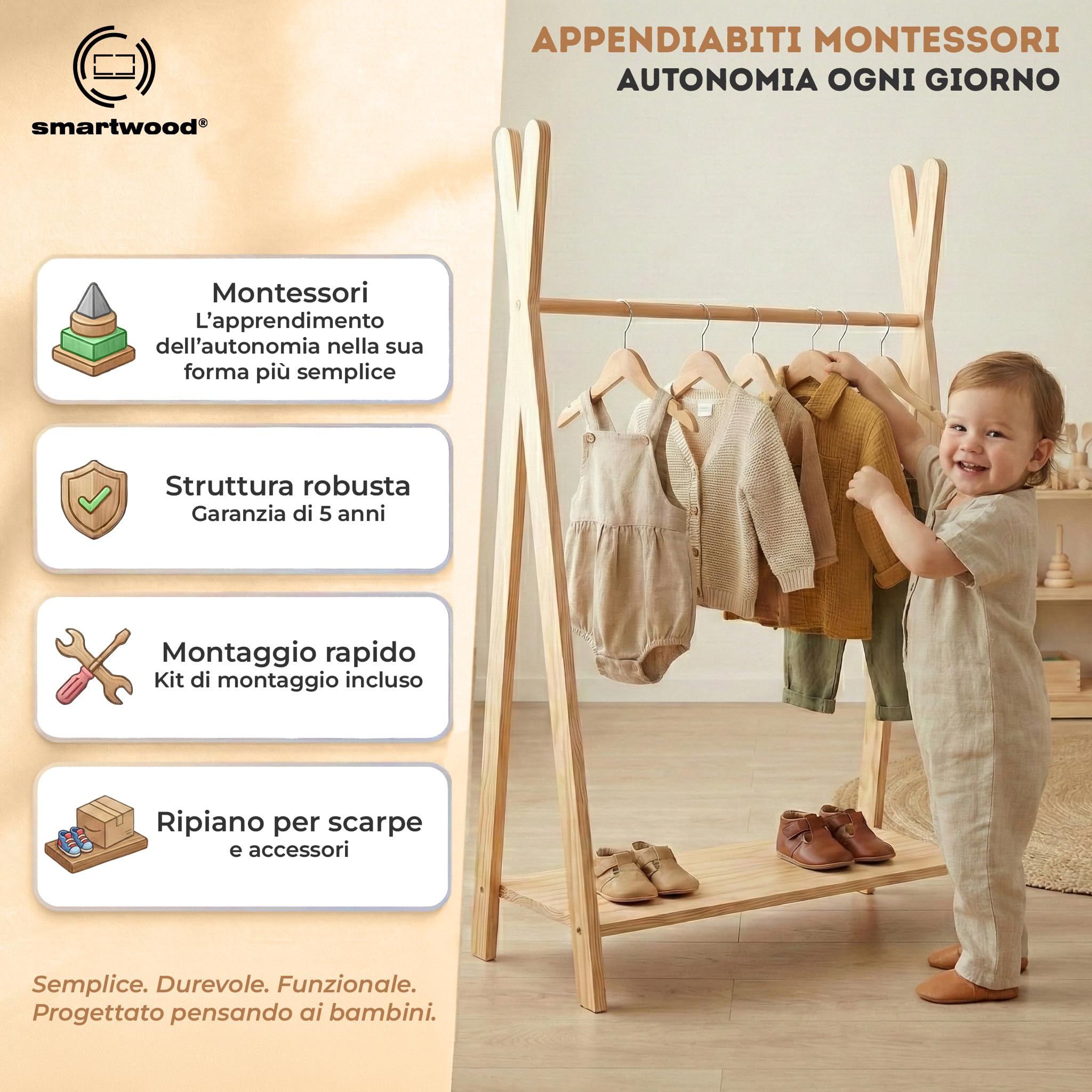 smartwood Appendiabiti da Terra TIPI M 97x63x36 cm - Attaccapanni Montessori in Compensato di Pino FSC con Barra per Vestiti e Mensola - Appendiabiti Bambini con Capacità di Carico fino a 30 kg