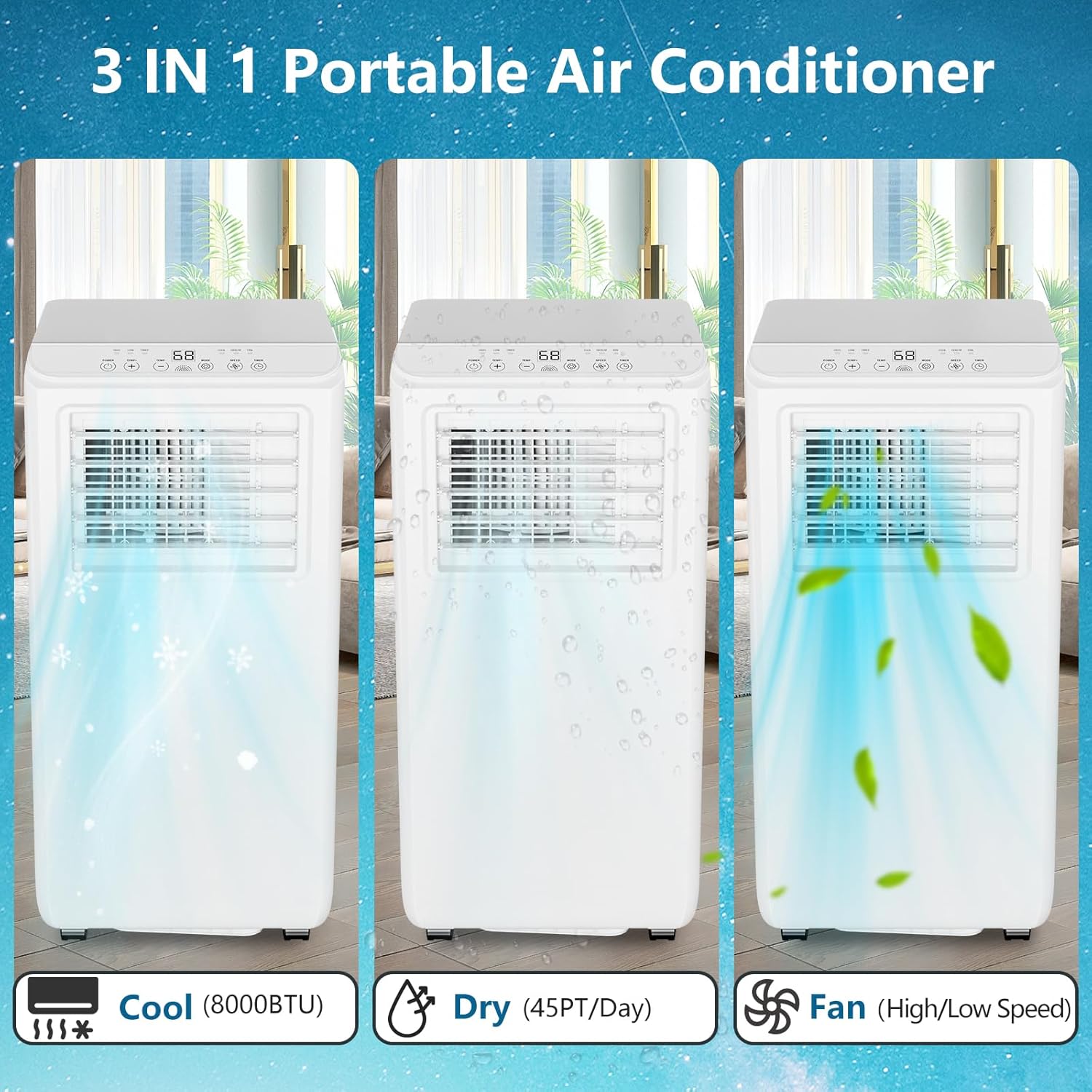 8,000 BTU Portable Air Conditioner - Free Standing AC Unit with Cooling/Fan/Dehumidifier for Rooms Up to 350 Sq.Ft, Includes Remote & Window Kit for Home, Office, Dorm