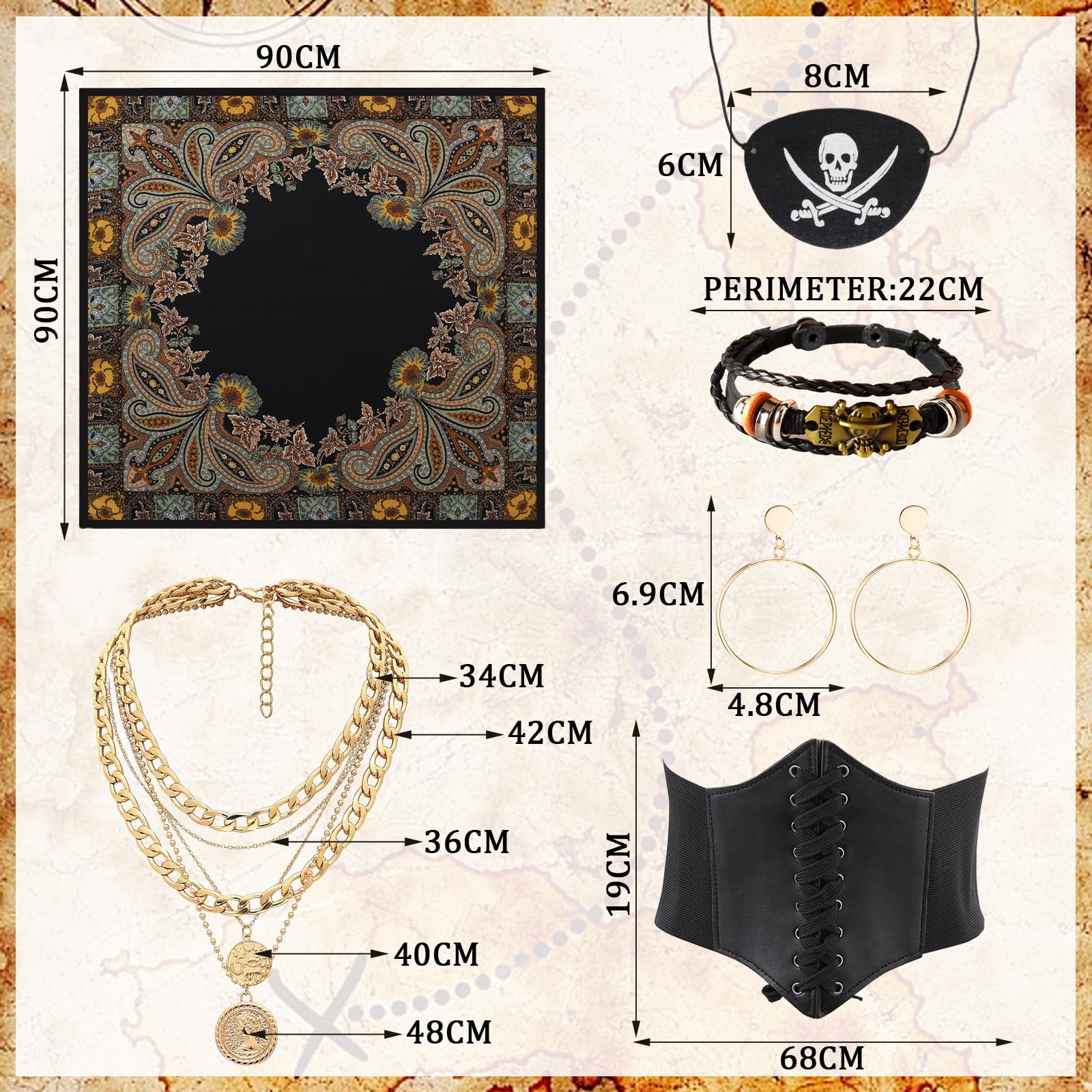 AYNKH Women's Pirate Costume Accessories Set-Headscarf,Sash Belt,Earring,Eye Patch - Image 2