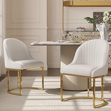 Modern Dining Chairs Set of 2, Chenille Dinning Room Chairs with Golden Metal Frame & Legs, Upholstered Kitchen Chairs Armless Accent Side Chairs for Living Room/Kitchen/Dining Room, White