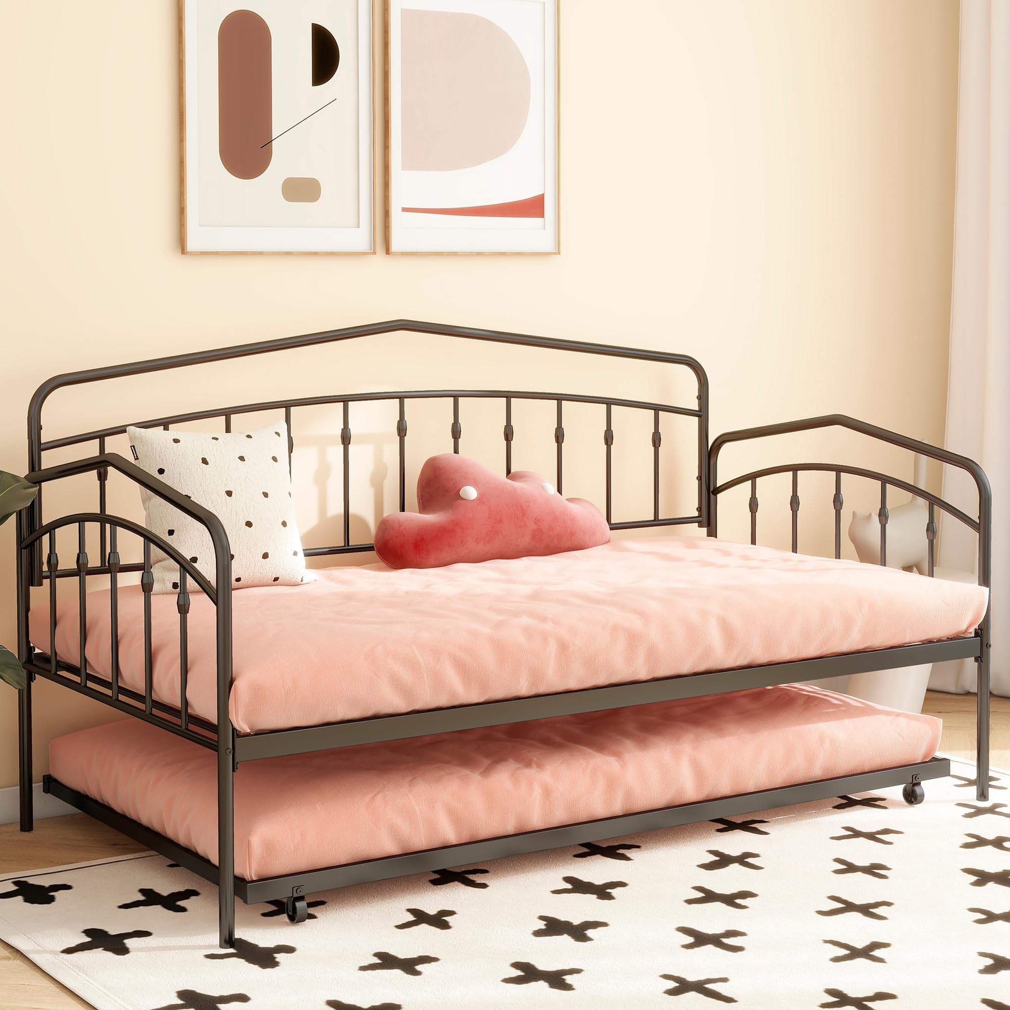mikibama Twin Daybed with Trundle,Victorian Metal Daybeds with Pull Out Trundle,Vintage Guest Day Bed Frame Twin Size for Living Room,Bedroom,
