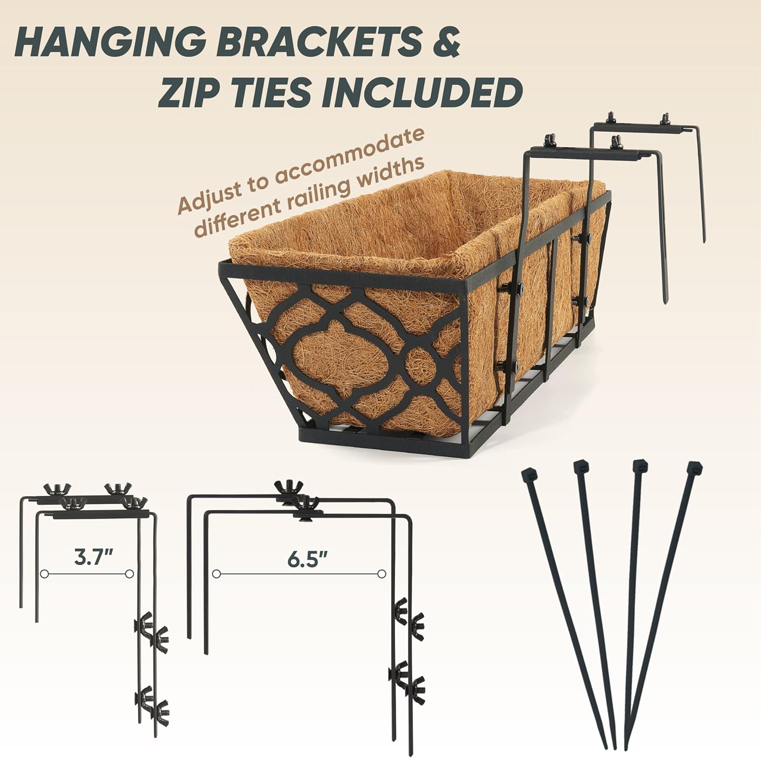 Window Deck Box Railing Planter Boxes with Coco Liner (Pack 4), 24'' Window Basket Deck Railing Planter Boxes, Weatherproof/Durable Metal Hanging Flower Planter for Outdoor Garden Fence Law