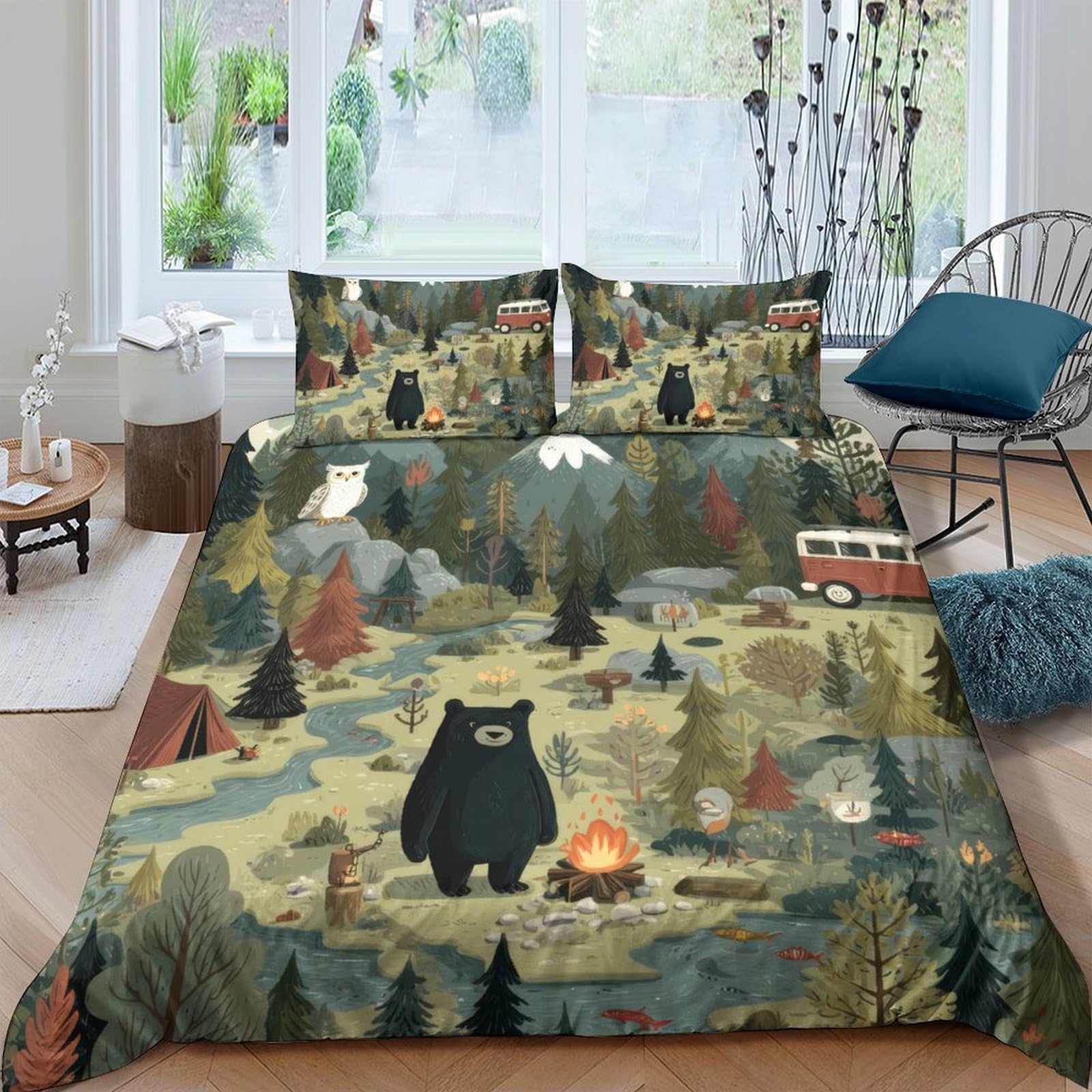 Ctjqhvkz Style-1 3D Printed Camping Bear Fitted Sheet Microfiber Forest Campfire Mattress Cover Anti-Slip Machine Washable For Bedroom Dorm Decor Single（135X200cm）