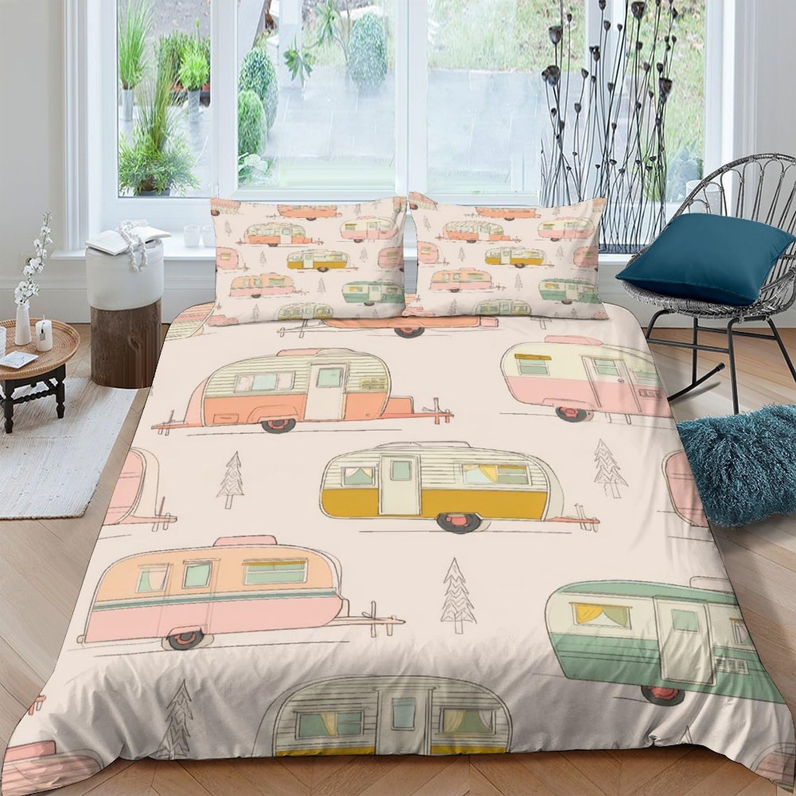 Ctjqhvkz Style-8 3D Printed Retro Caravan Fitted Sheet Microfiber Soft Pastel Camper Mattress Cover Dustproof Bedroom Decor Single（135X200cm）