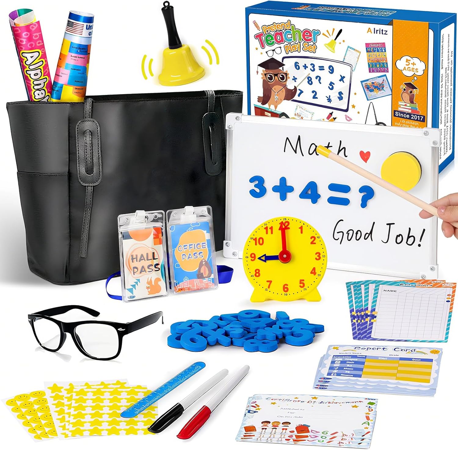 Alritz Pretend Play Teacher Set Classroom Learning Education Includes Reusable White Board Bell Clock and More, Be Teacher Student, for Boys Girls 5 6 7 8 9 10 11 12 +Years Old