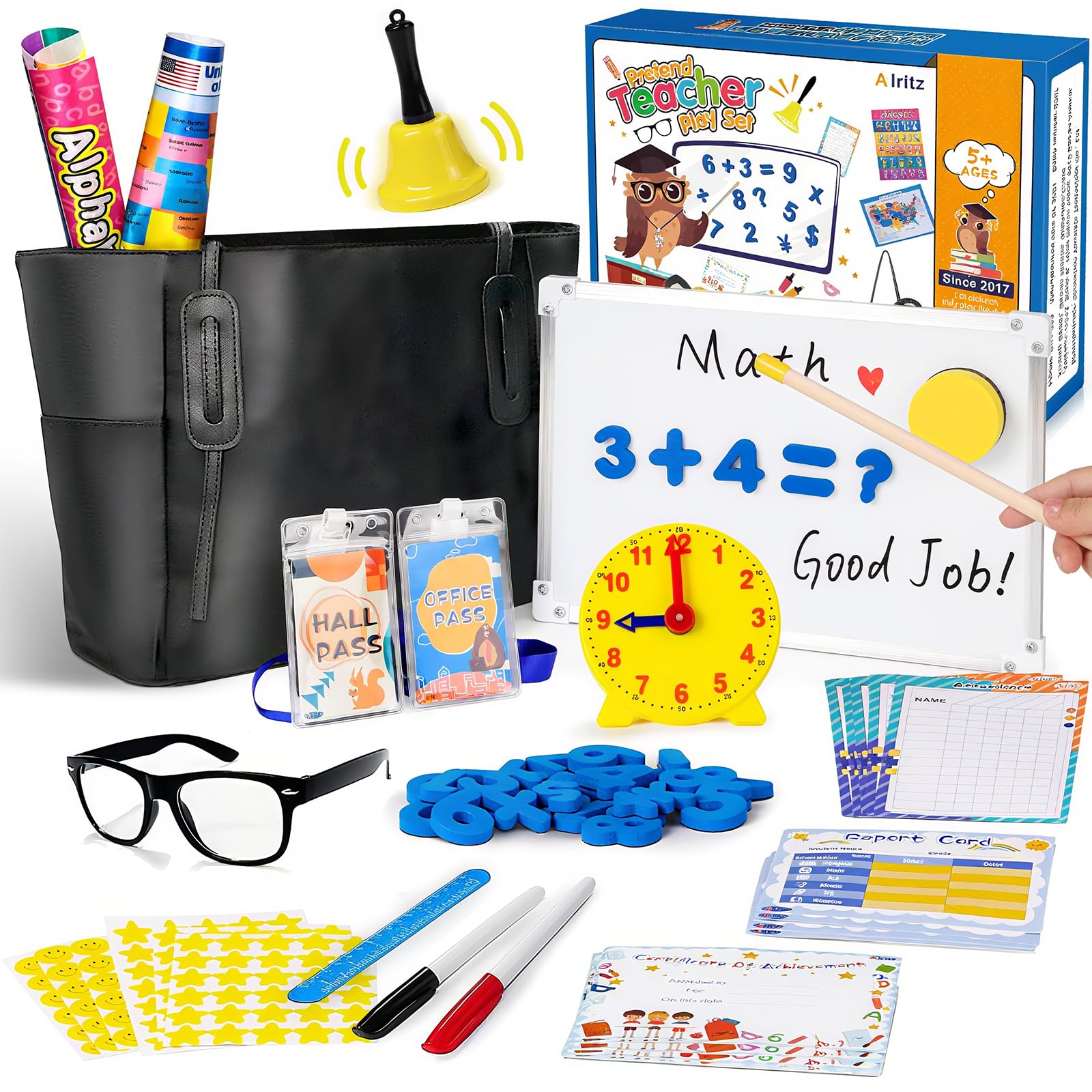 Alritz Pretend Play Teacher Set Classroom Learning Education Includes Reusable White Board Bell Clock and More, Be Teacher Student, for Boys Girls 5 6 7 8 9 10 11 12 Years Old