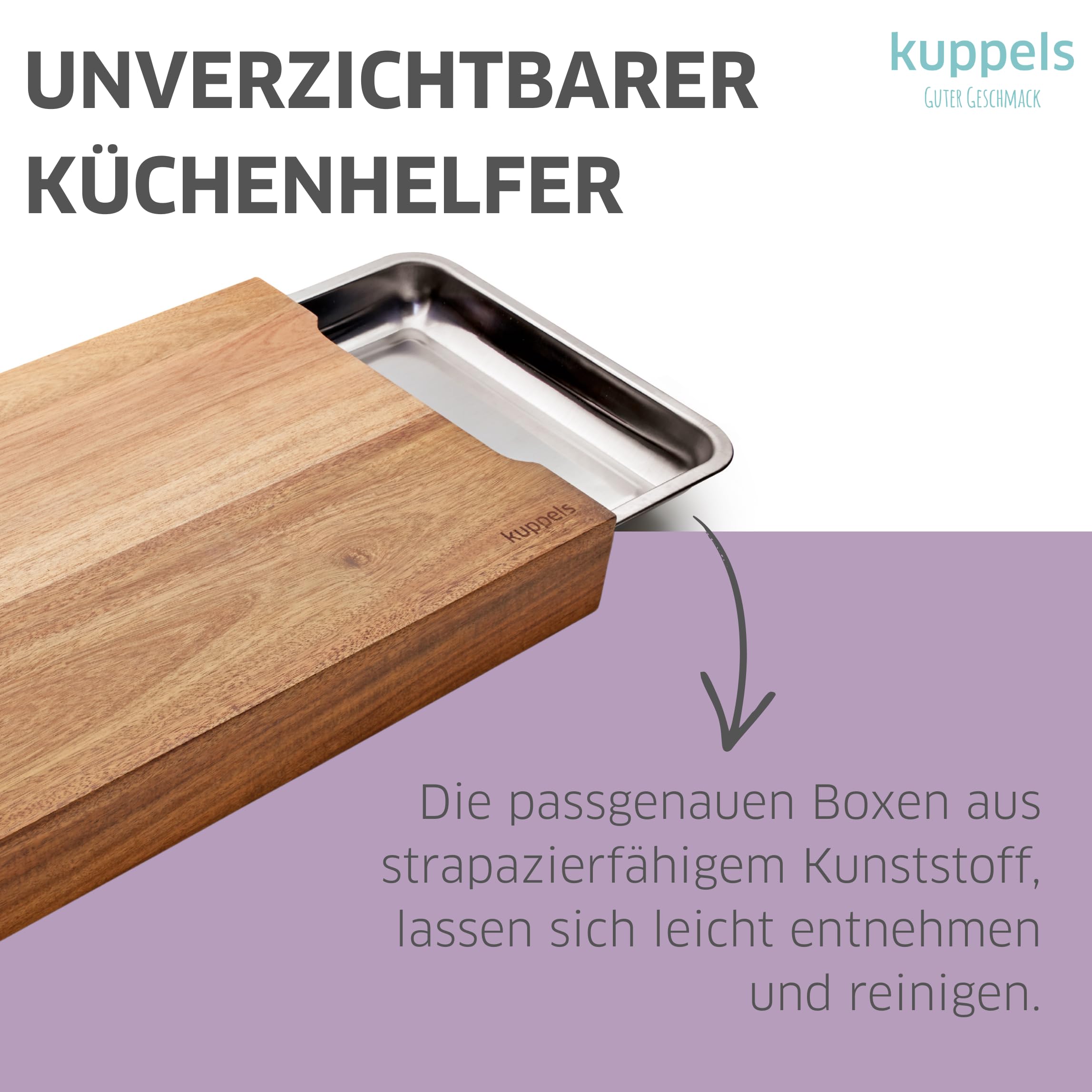 Kuppels SLICE Prep Akazienholz Schneidebrett mit 2 Auffangschalen 47x33,5cm | Profi-Holzbrett mit Aufbewahrungssystem, hygienisch, schnittfest, pflegeleicht, mit Griffmulden, für Gemüse & Fleisch