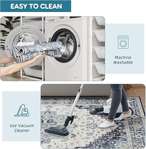 Miniatura 6 de Dripex Alfombra lavable de 6 x 9 pies, estilo bohemio, resistente a las manchas y al agua, plegable, delgada, vintage, alfombra de piso de lana