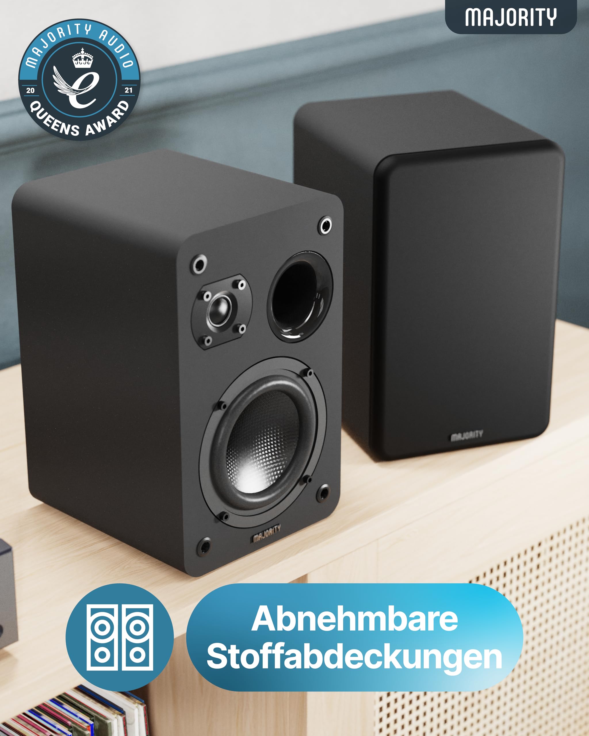 MAJORITY D70X Lautsprecher Boxen | 2 x 30W Regallautsprecher Passiv | HiFi Lautsprecher Doppeltreibern Lautsprechermembranen aus Kohlefaser | DJ Boxen 6Ω Impedanz & 40HZ-20KHZ Frequenzgang (Schwarz)