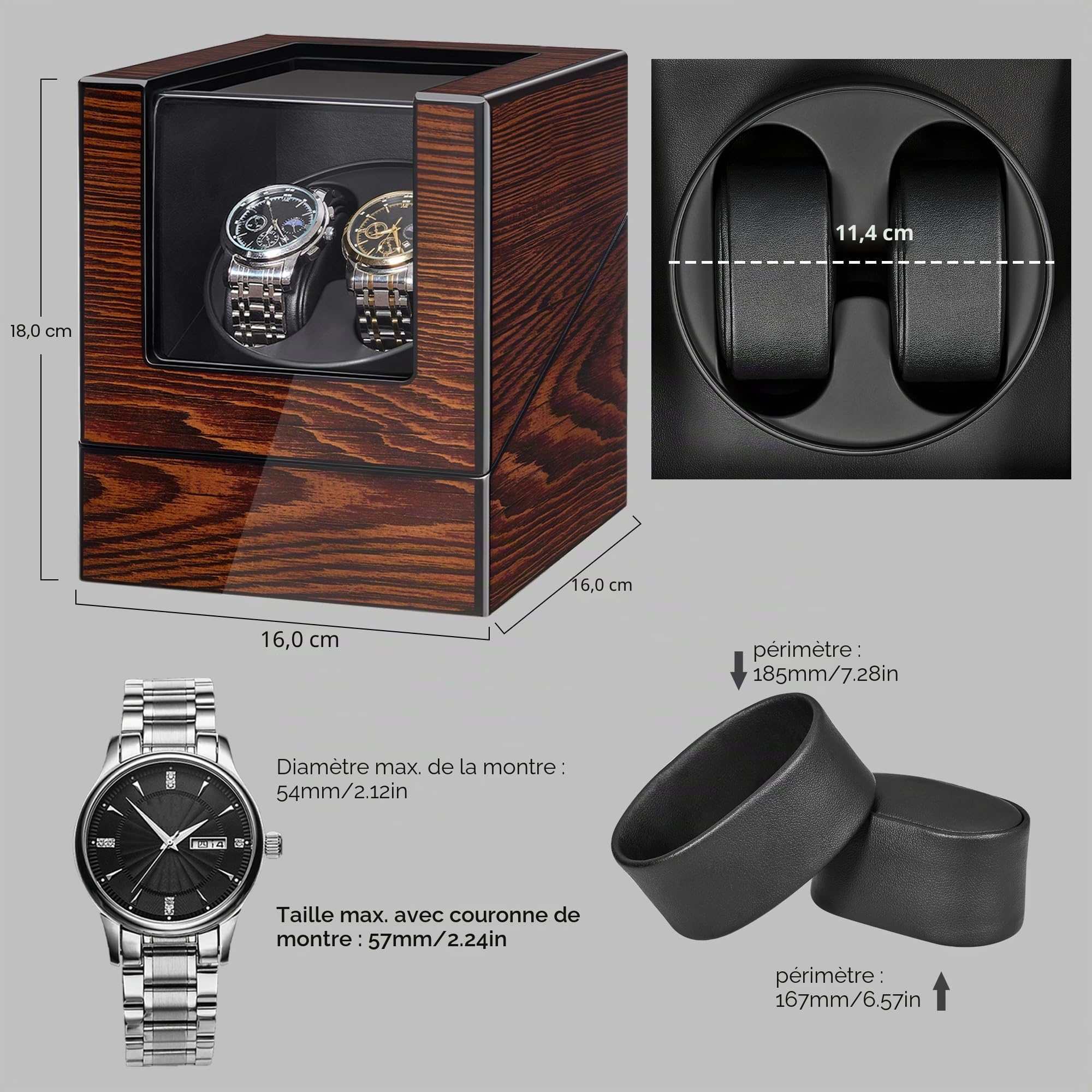 BEWISHOME Remontoir Montre Automatique avec éclairage LED, Boite Remontoir pour Montre Automatique avec Moteur Silencieux, 4 Modes, Alimentation par Batterie ou Adaptateur Type-C, ESYQ02Y
